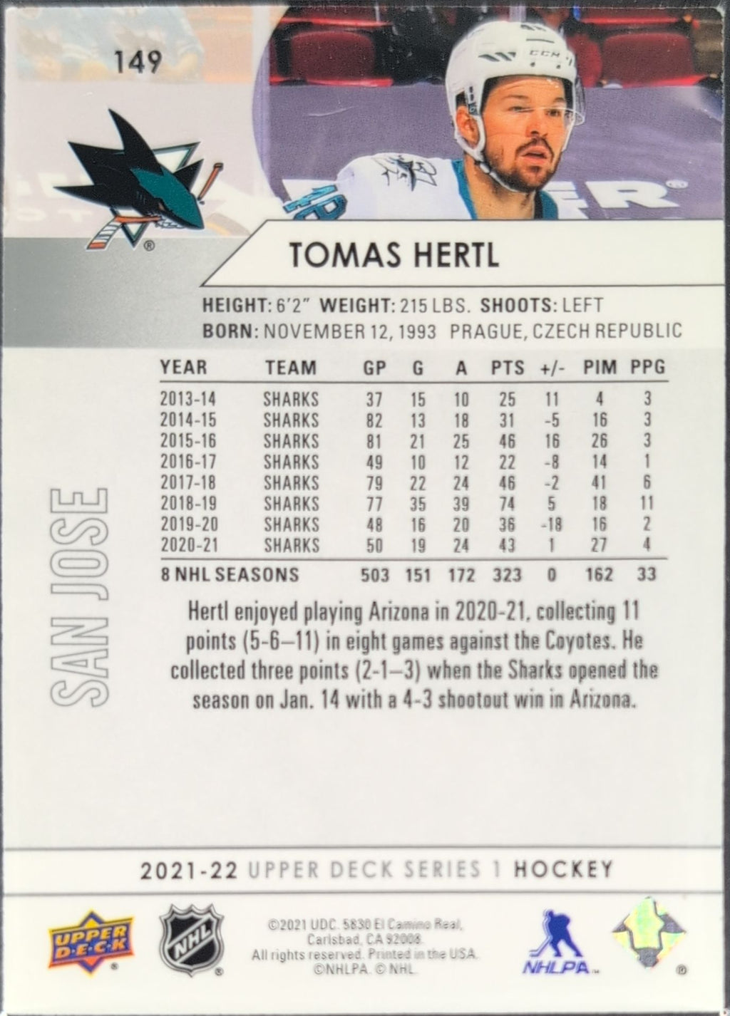 2021-2022 Upper Deck Tomas Hertl #149 San Jose Sharks back