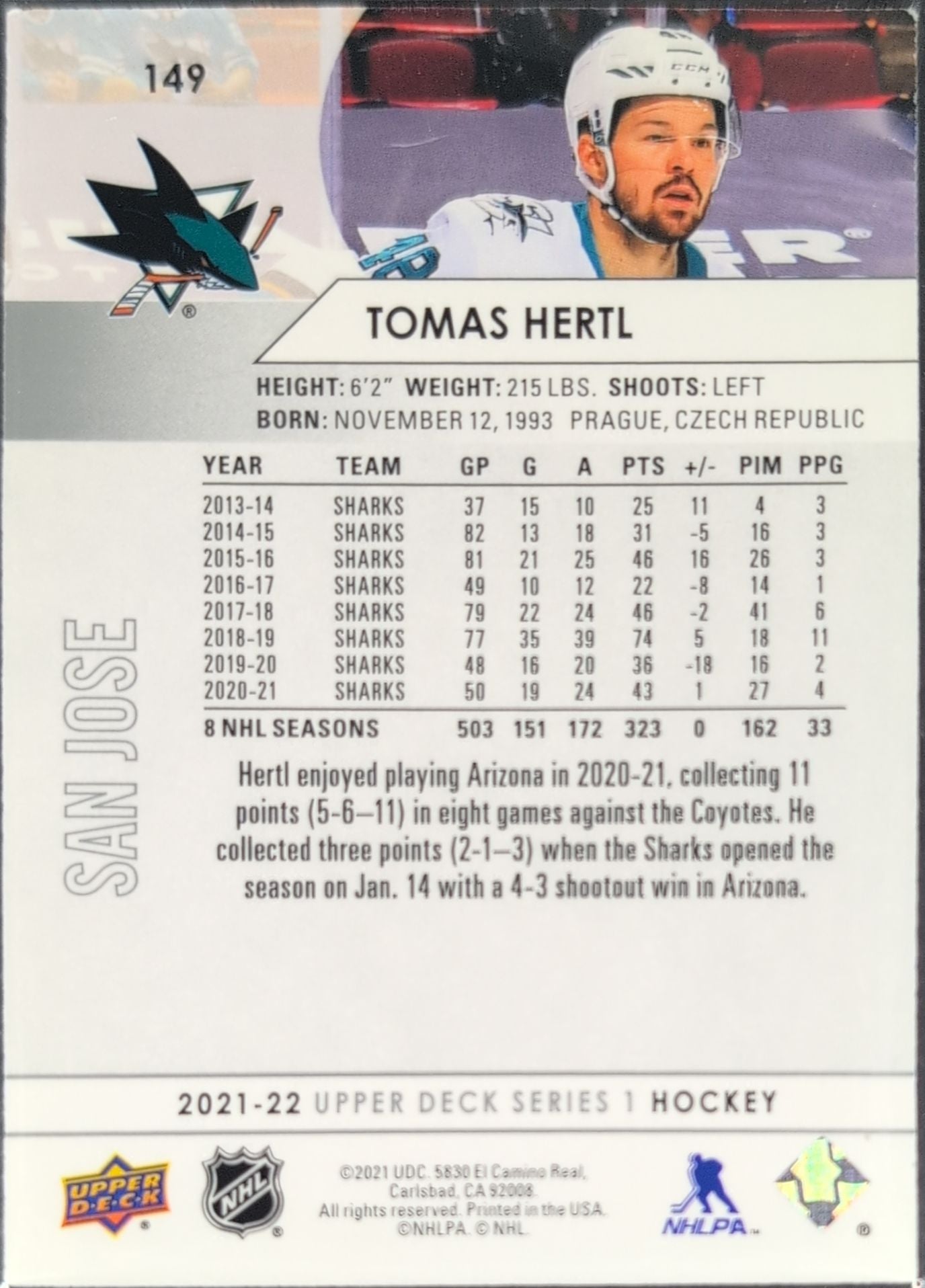 2021-2022 Upper Deck Tomas Hertl #149 San Jose Sharks back