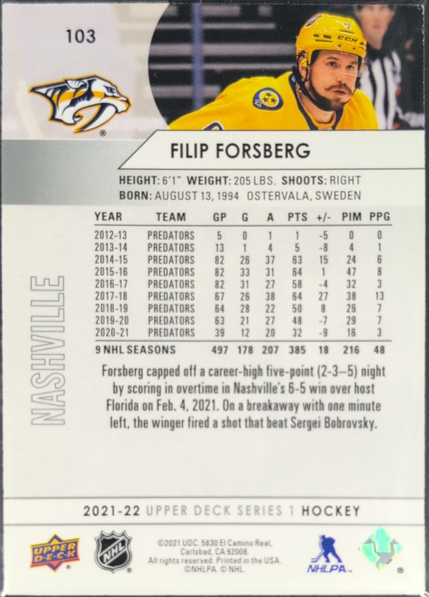 2021-22 Upper Deck Filip Forsberg #103 Nashville Predators back