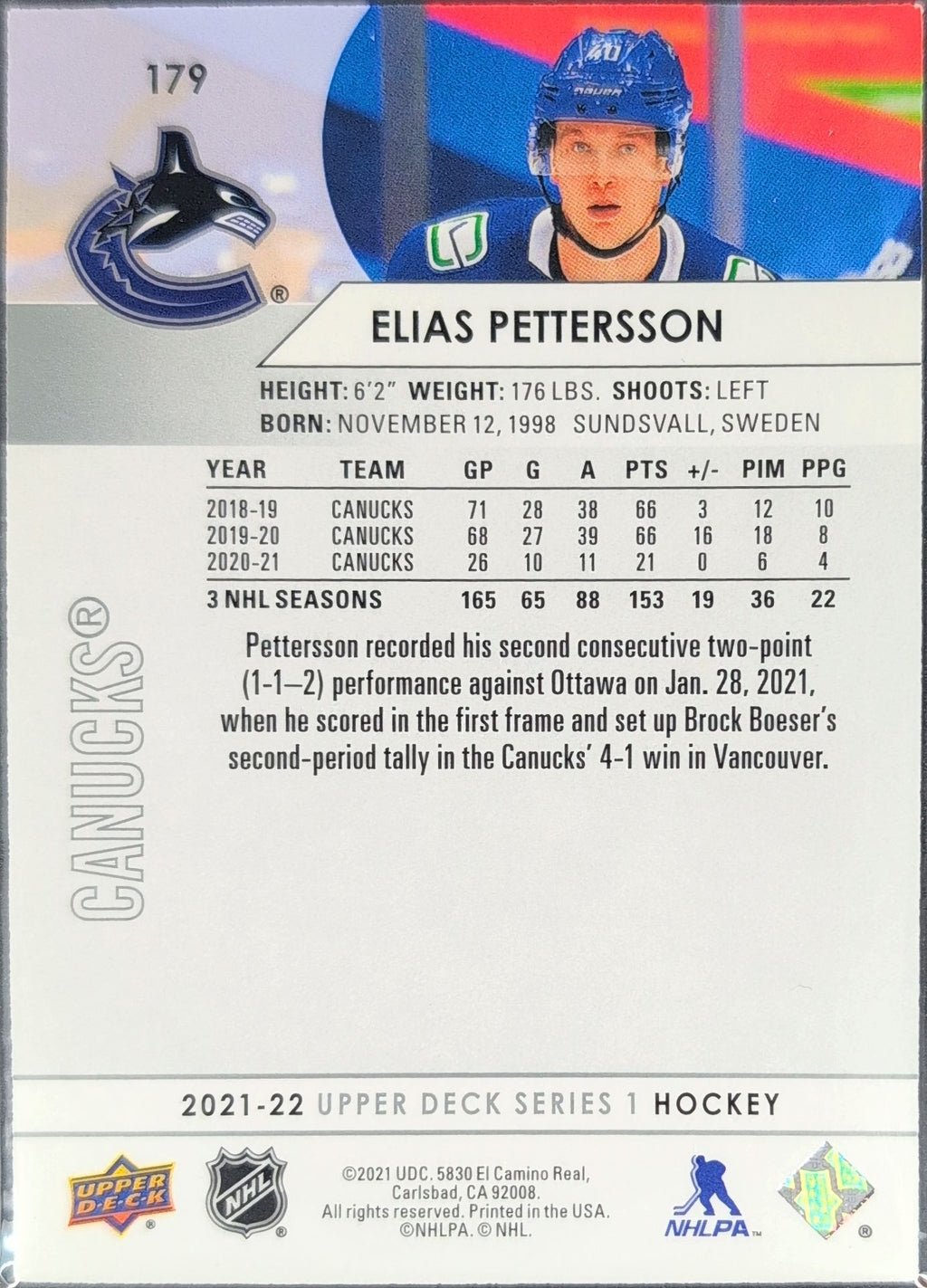 2021-2022 Upper Deck Elias Pettersson #179 Vancouver Canucks back