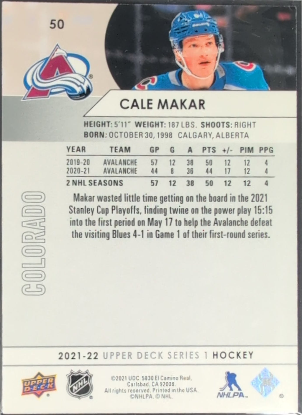 2021-2022 Upper Deck Cale Makar #50 Colorado Avalanche back