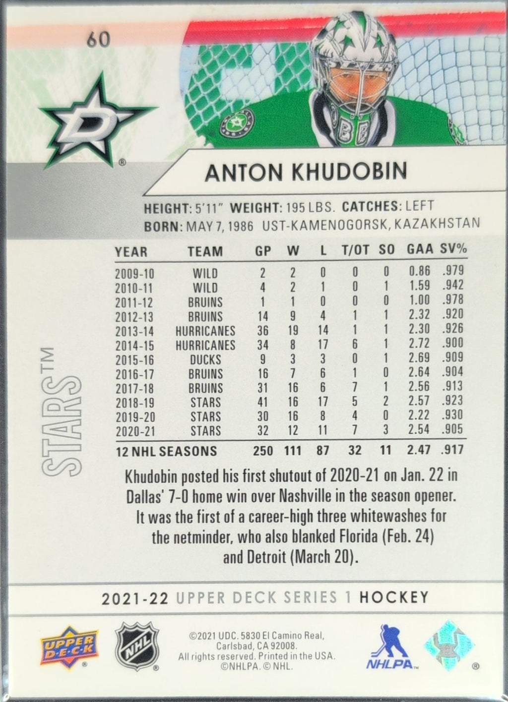 2021-2022 Upper Deck Anton Khudobin #60 Dallas Stars back