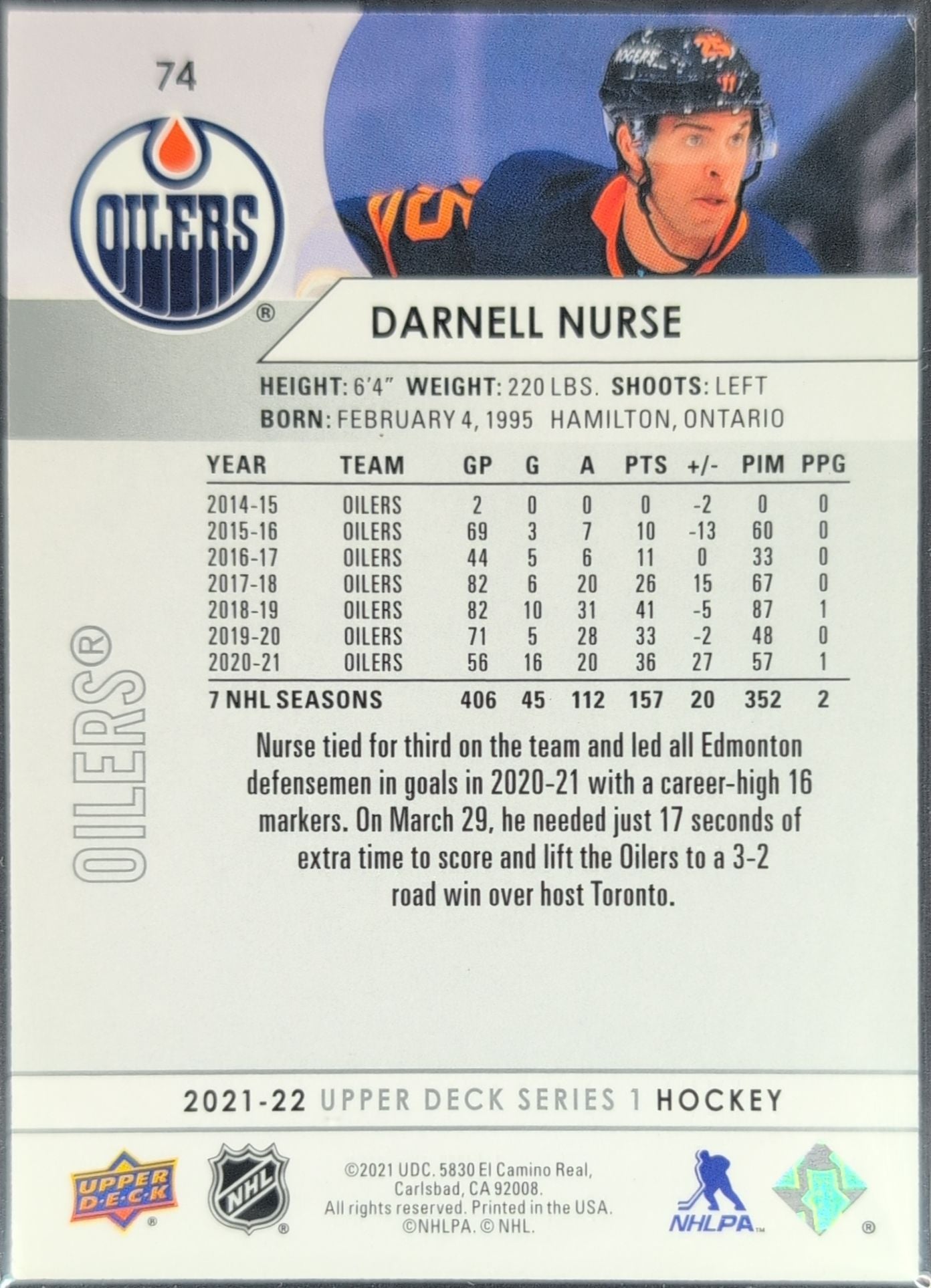 2021-22 Upper Deck Darnell Nurse #74 Edmonton Oilers back