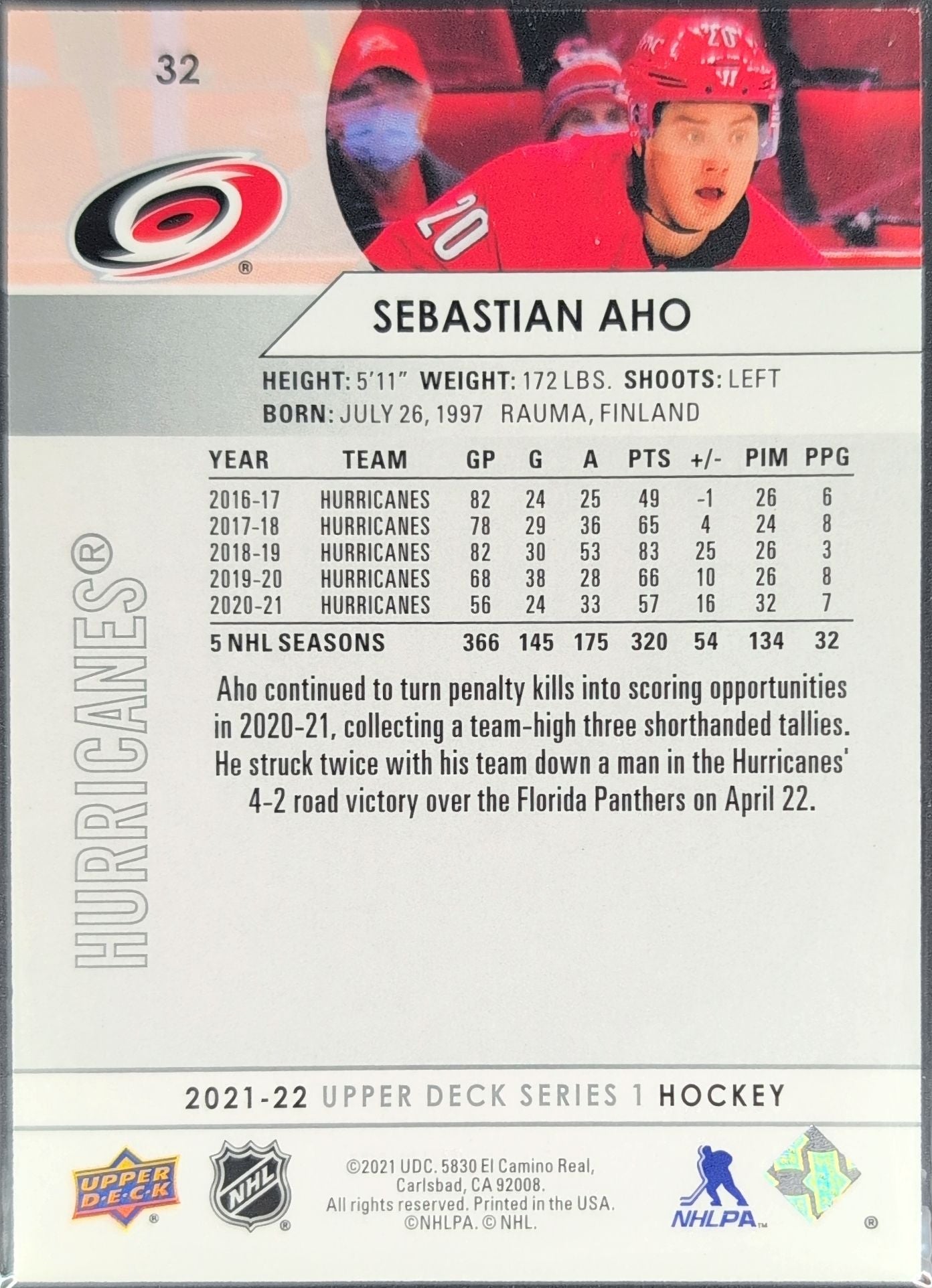 2021-22 Upper Deck Sebastian Aho #32 Carolina Hurricanes back