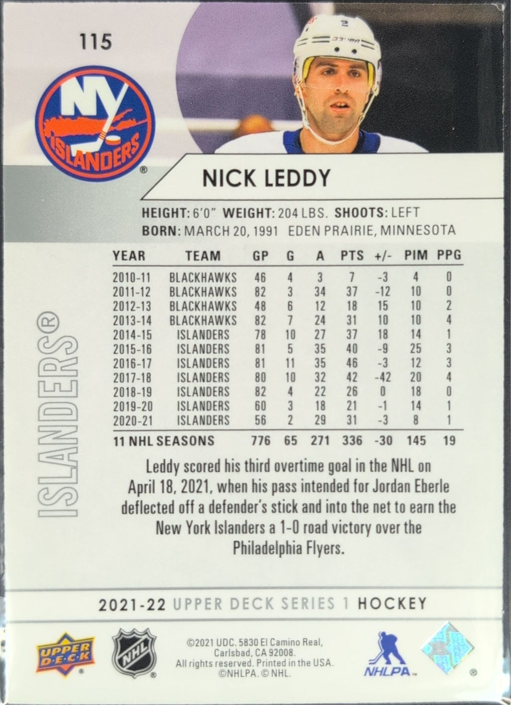 2021-2022 Upper Deck Nick Leddy #115 New York Islanders back