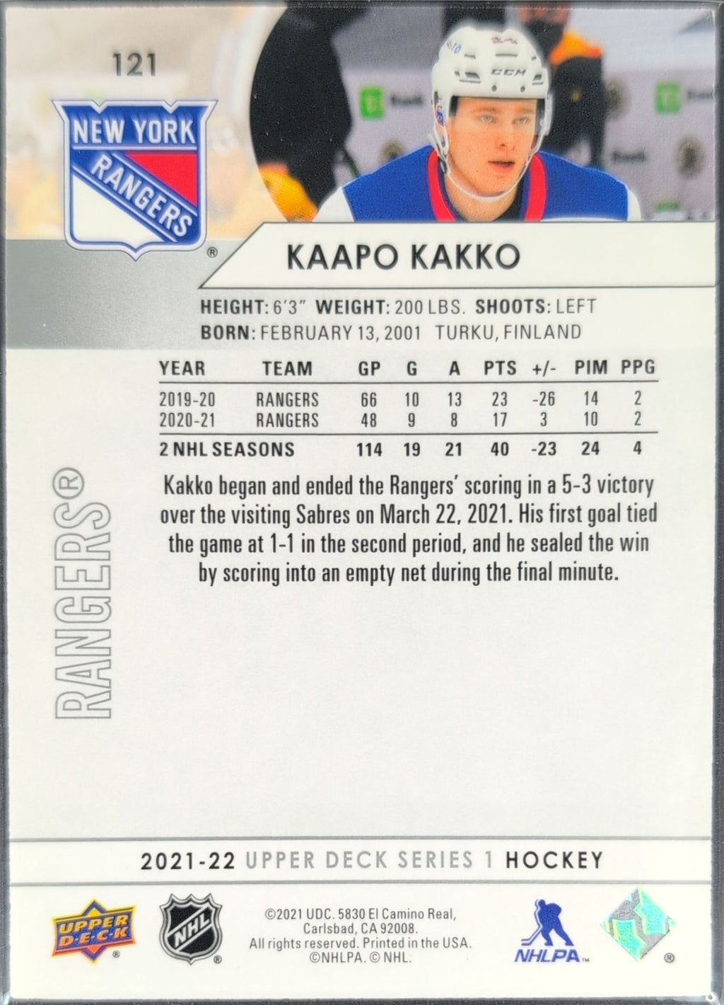 2021-22 Upper Deck Kaapo Kakko #121 New York Rangers back