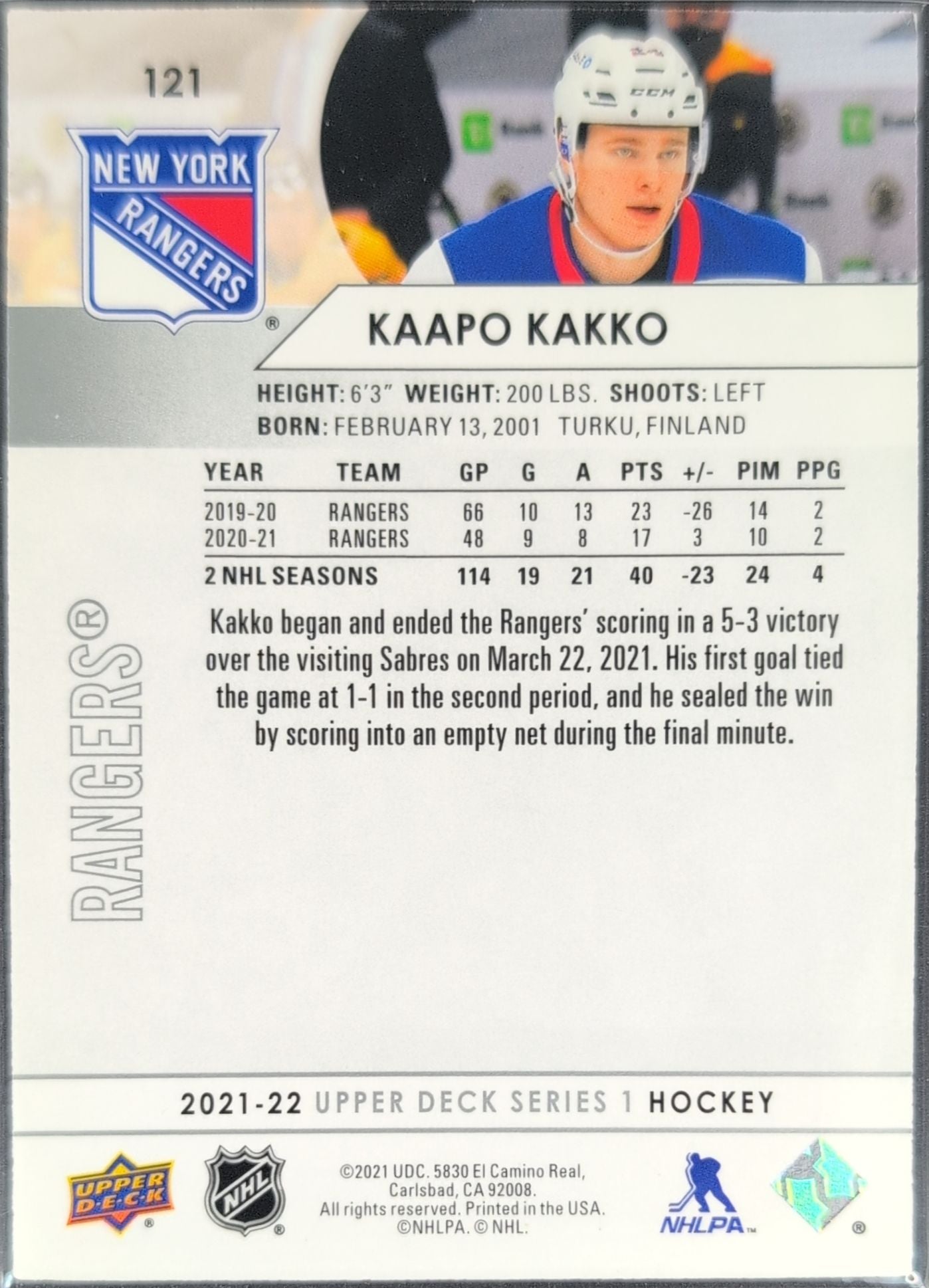 2021-22 Upper Deck Kaapo Kakko #121 New York Rangers back