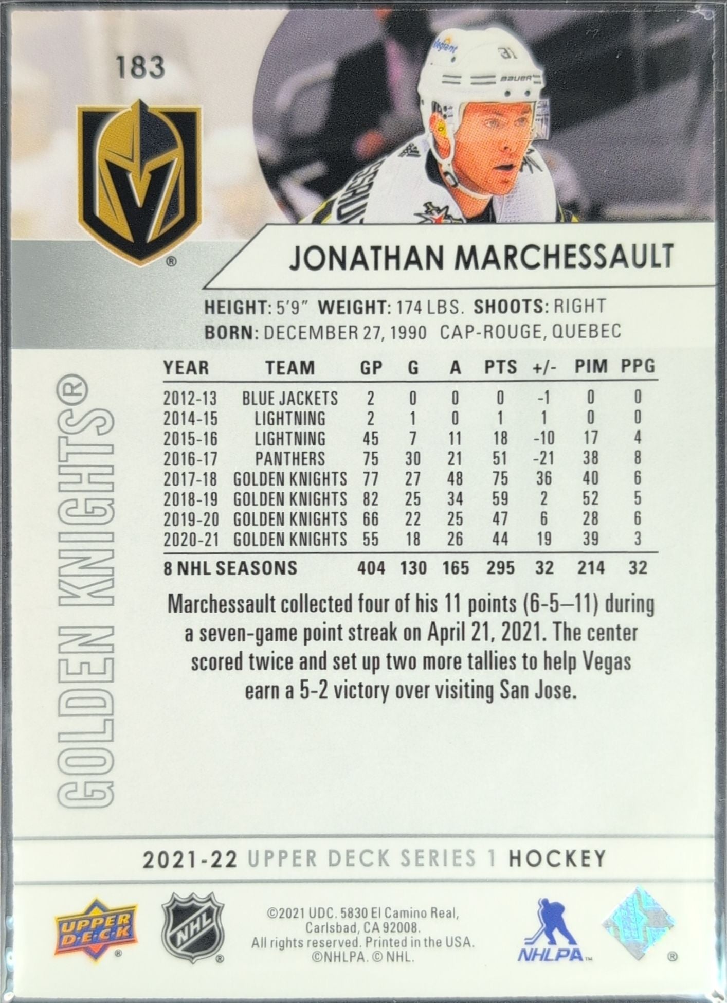 2021-2022 Upper Deck Jonathan Marchessault #183 Vegas Golden Knights back