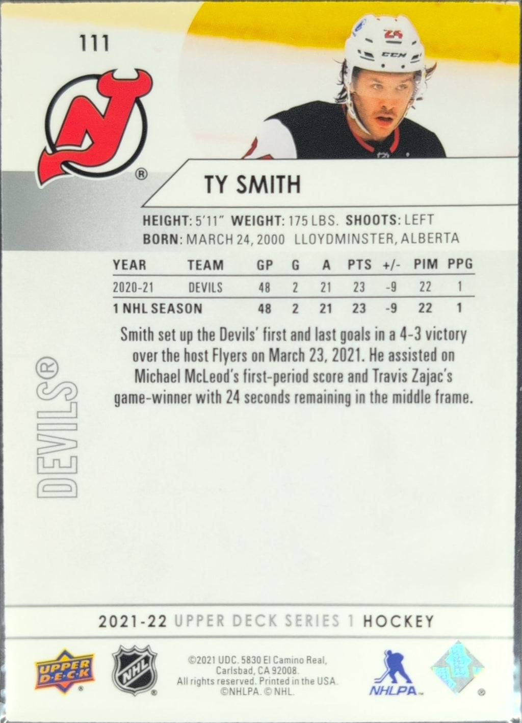 2021-2022 Upper Deck Ty Smith #111 New Jersey Devils back