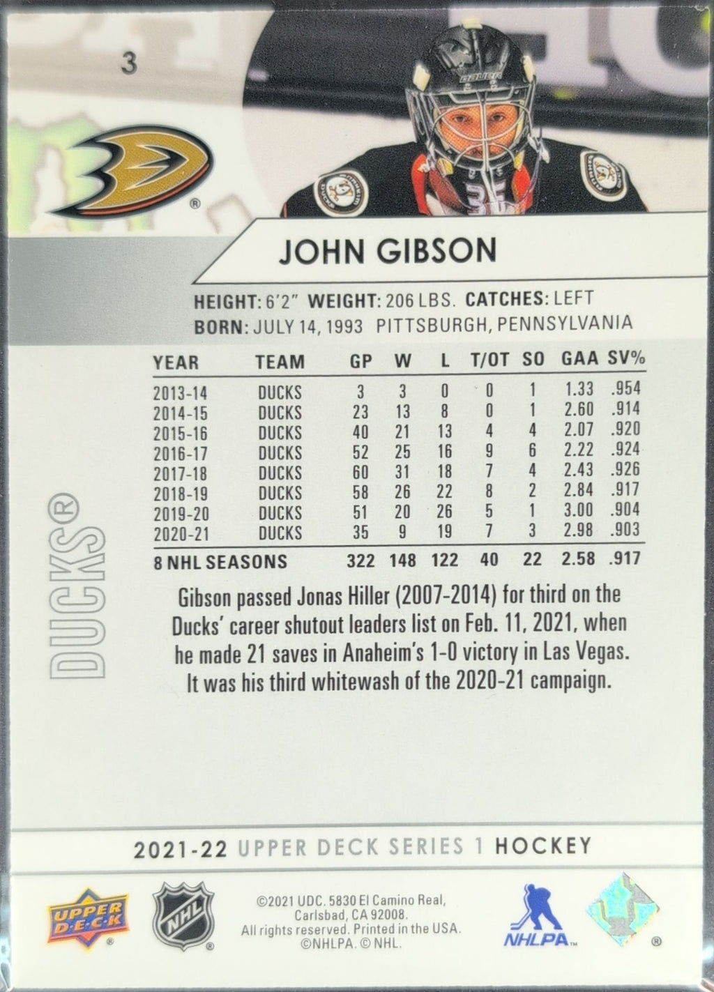 2021-2022 Upper Deck John Gibson #3 Anaheim Ducks back