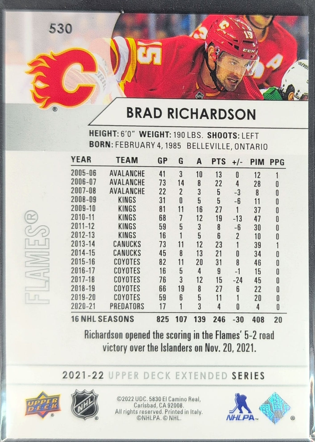 2021-22 Upper Deck Brad Richardson #530 Calgary Flames back