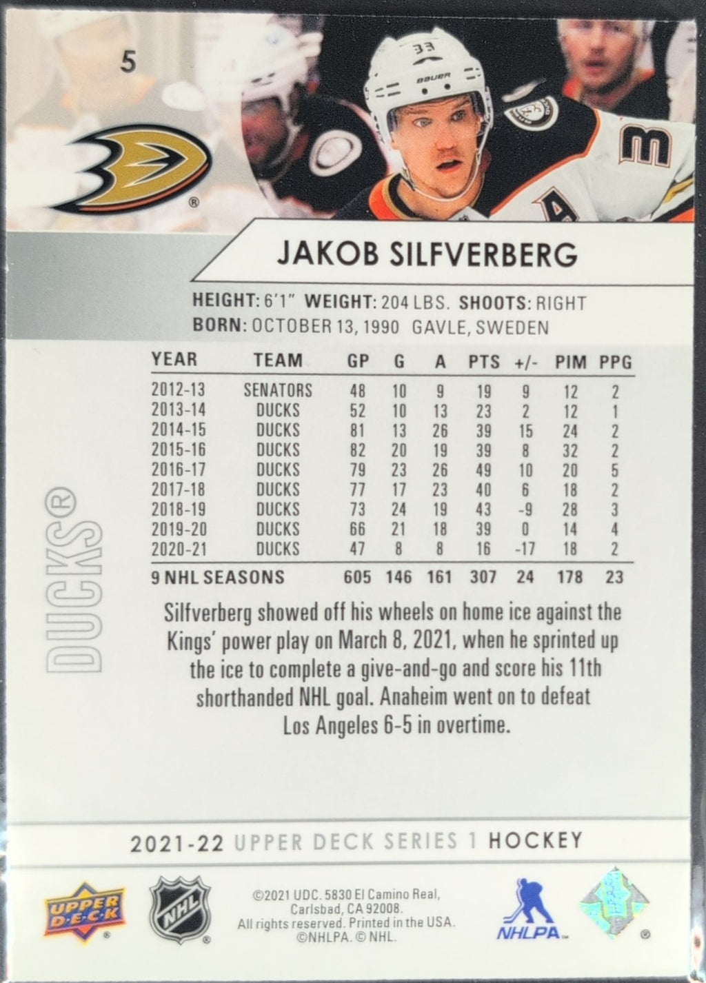 2021-22 Upper Deck Jakob Silfverberg #5 Anaheim Ducks back