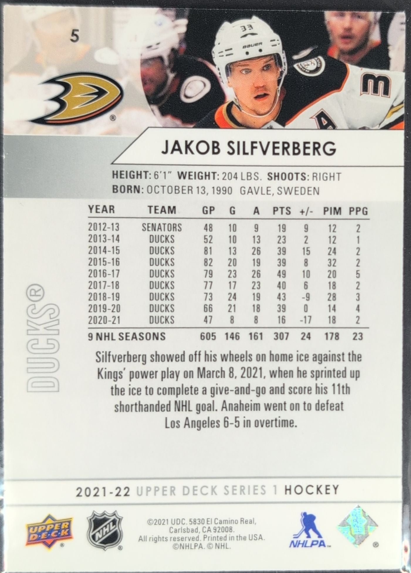2021-22 Upper Deck Jakob Silfverberg #5 Anaheim Ducks back