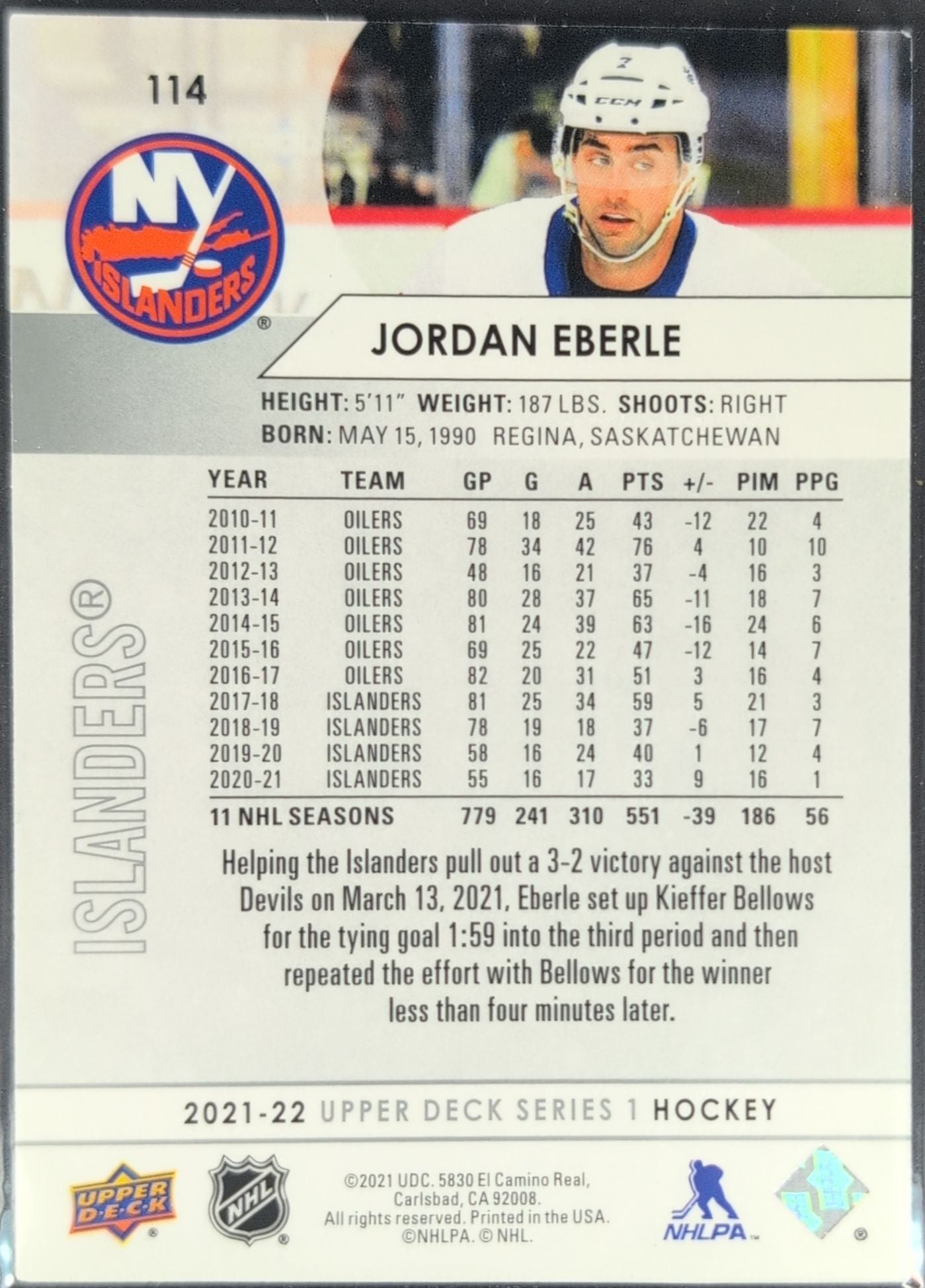 2021-22 Upper Deck Jordan Eberle #114 New York Islanders back