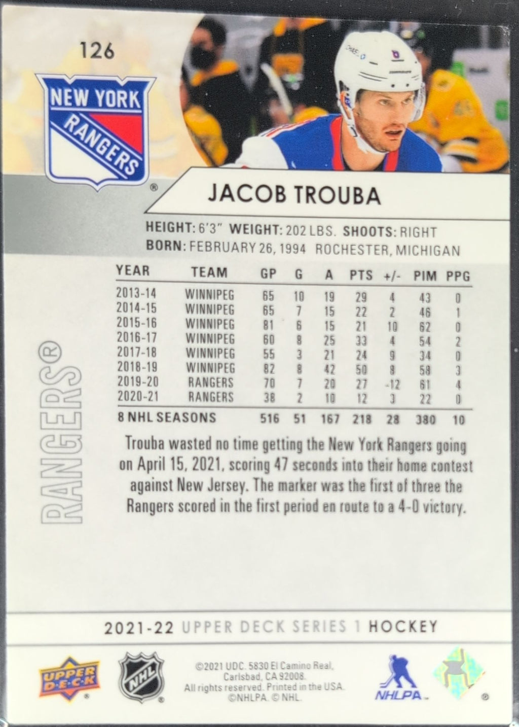 2021-2022 Upper Deck Jacob Trouba #126 New York Rangers back