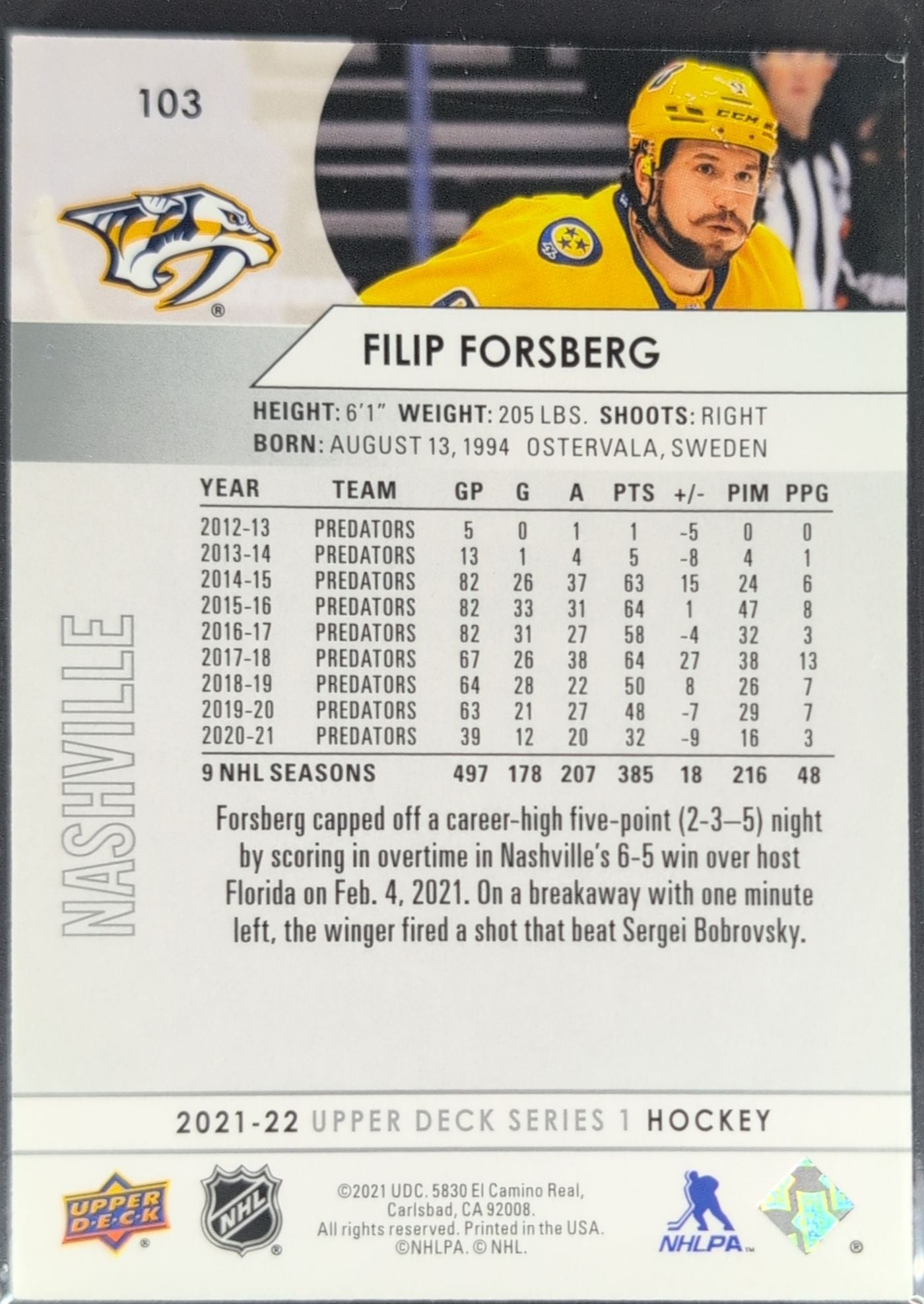 2021-2022 Upper Deck Filip Forsberg #103 Nashville Predators back