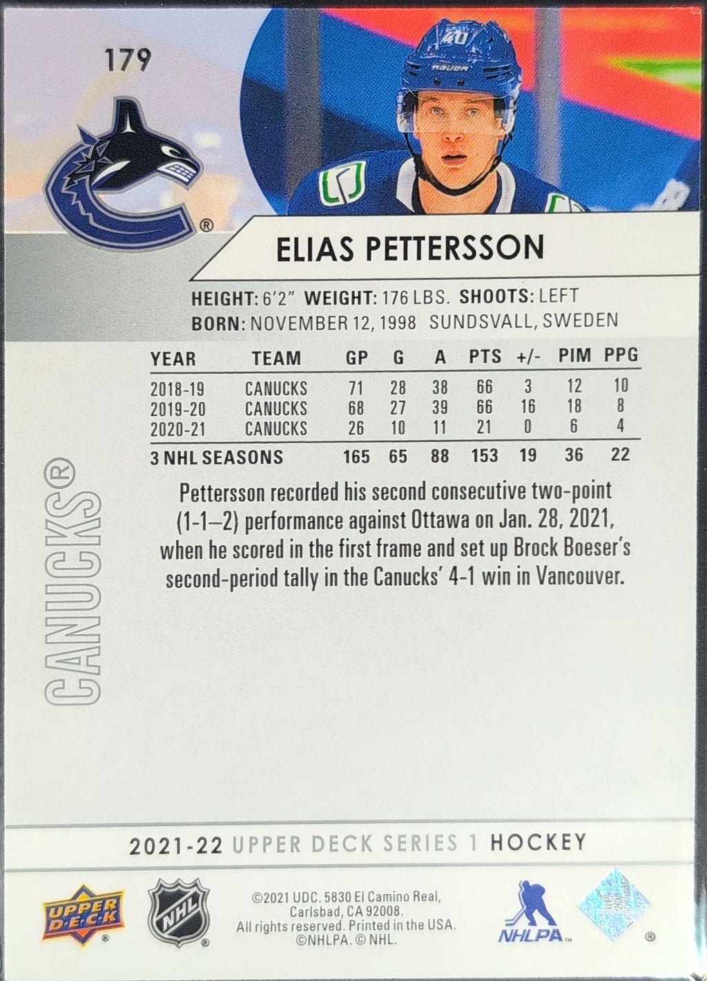 2021-2022 Upper Deck Elias Pettersson #179 Vancouver Canucks back