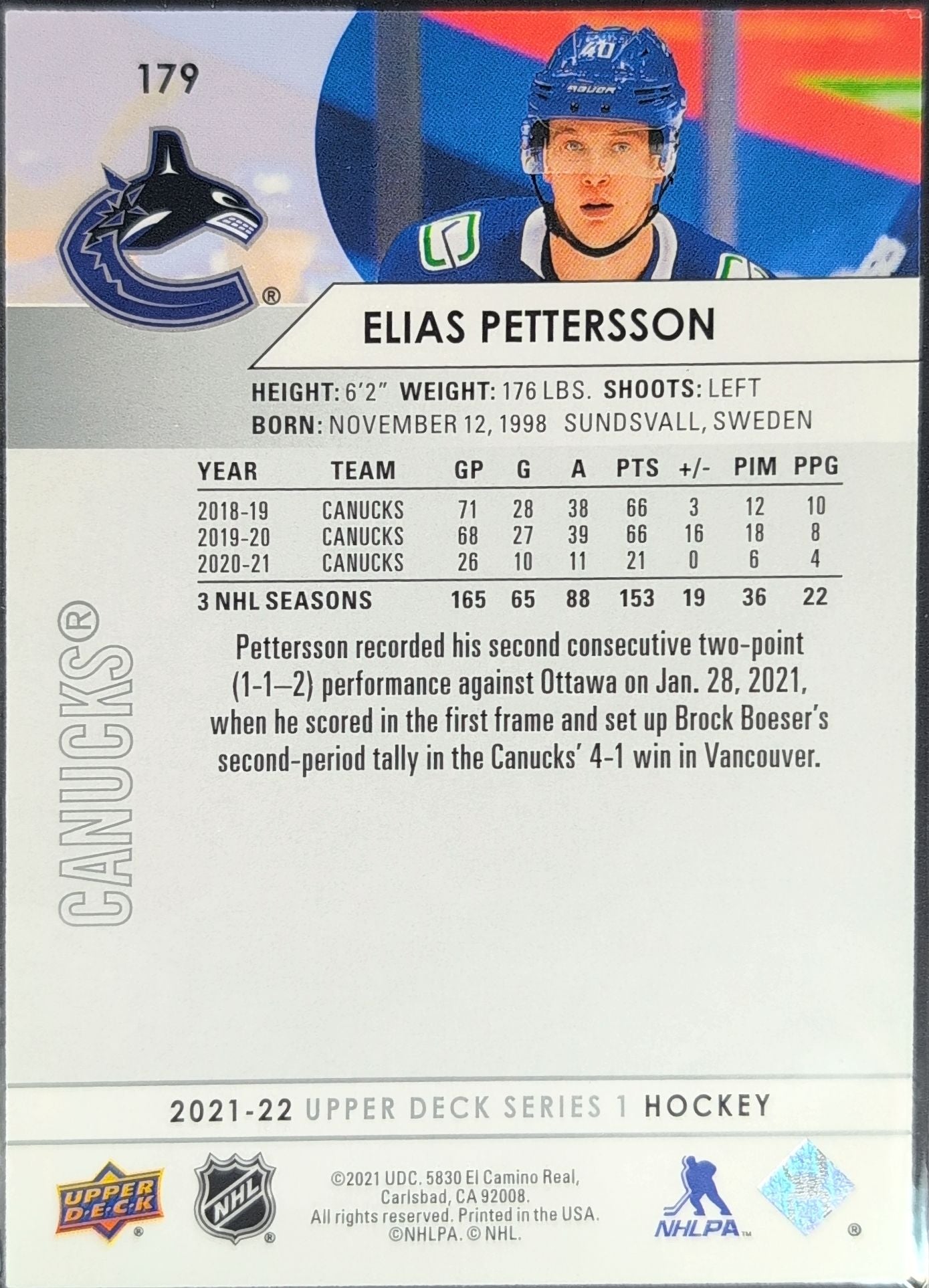 2021-2022 Upper Deck Elias Pettersson #179 Vancouver Canucks back