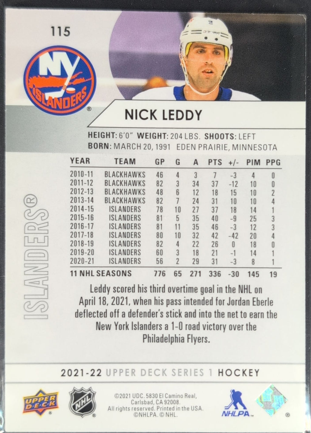 2021-2022 Upper Deck Nick Leddy #115 New York Islanders back