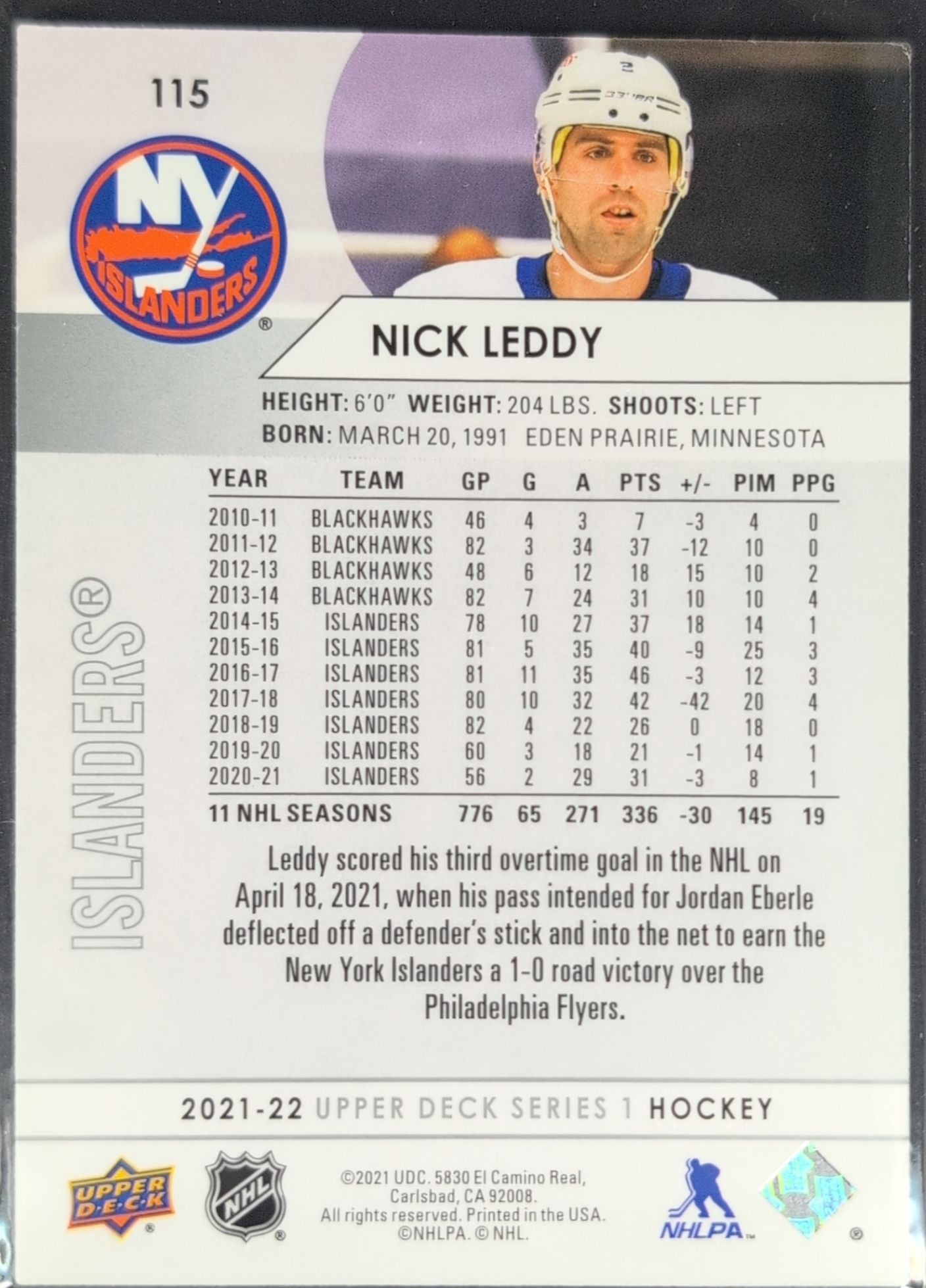 2021-2022 Upper Deck Nick Leddy #115 New York Islanders back