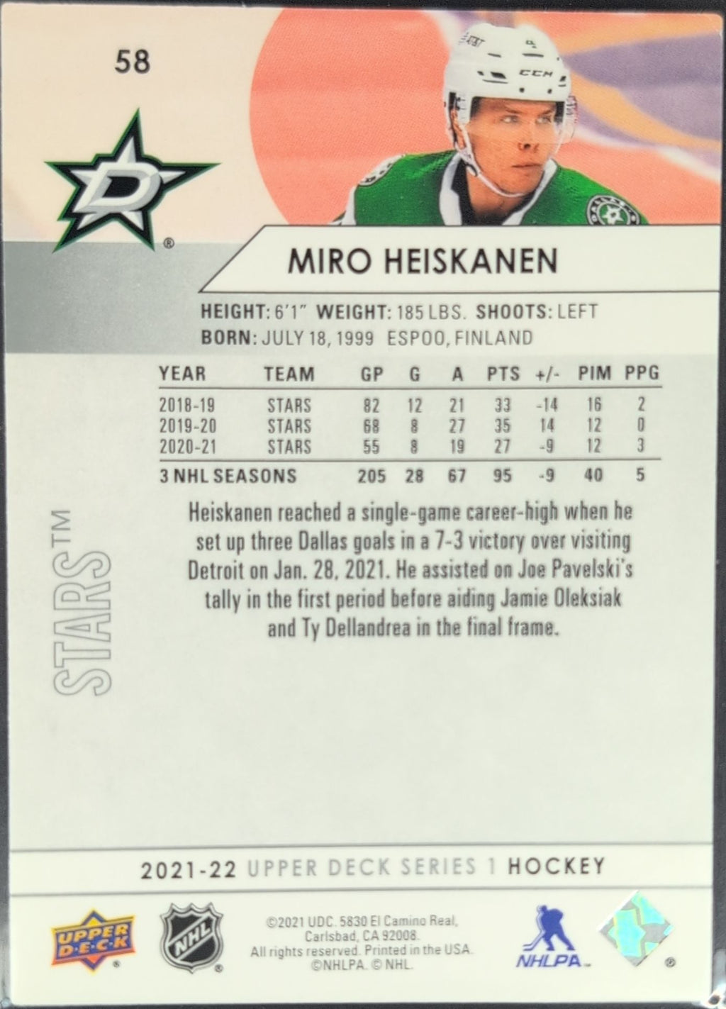 2021-22 Upper Deck Miro Heiskanen #58 Dallas Stars back