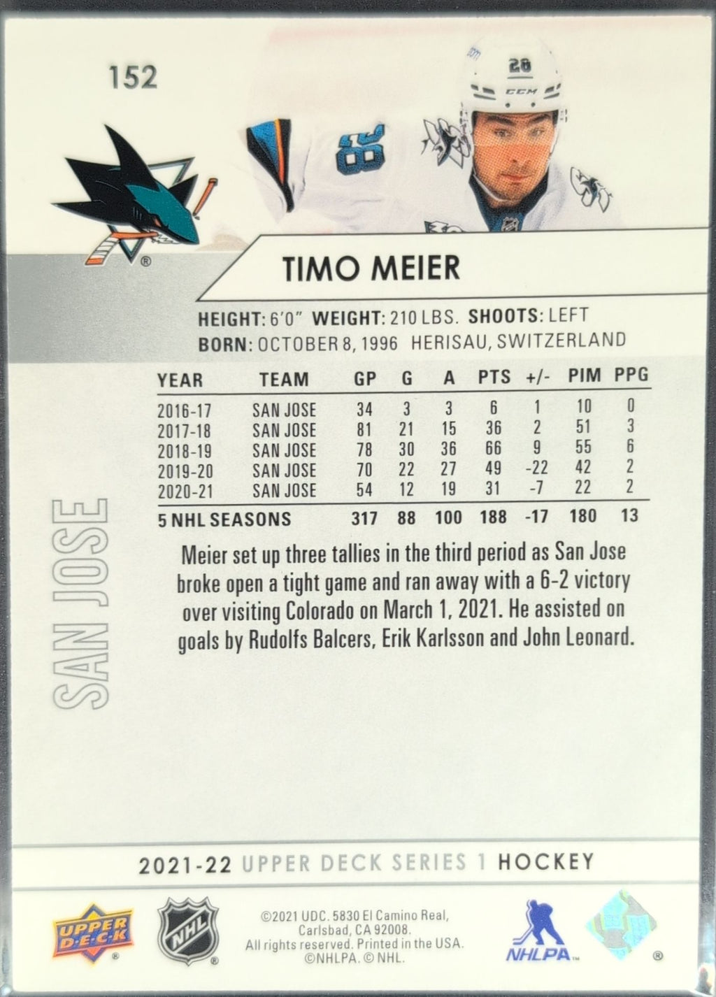 2021-2022 Upper Deck Timo Meier #152 San Jose Sharks back