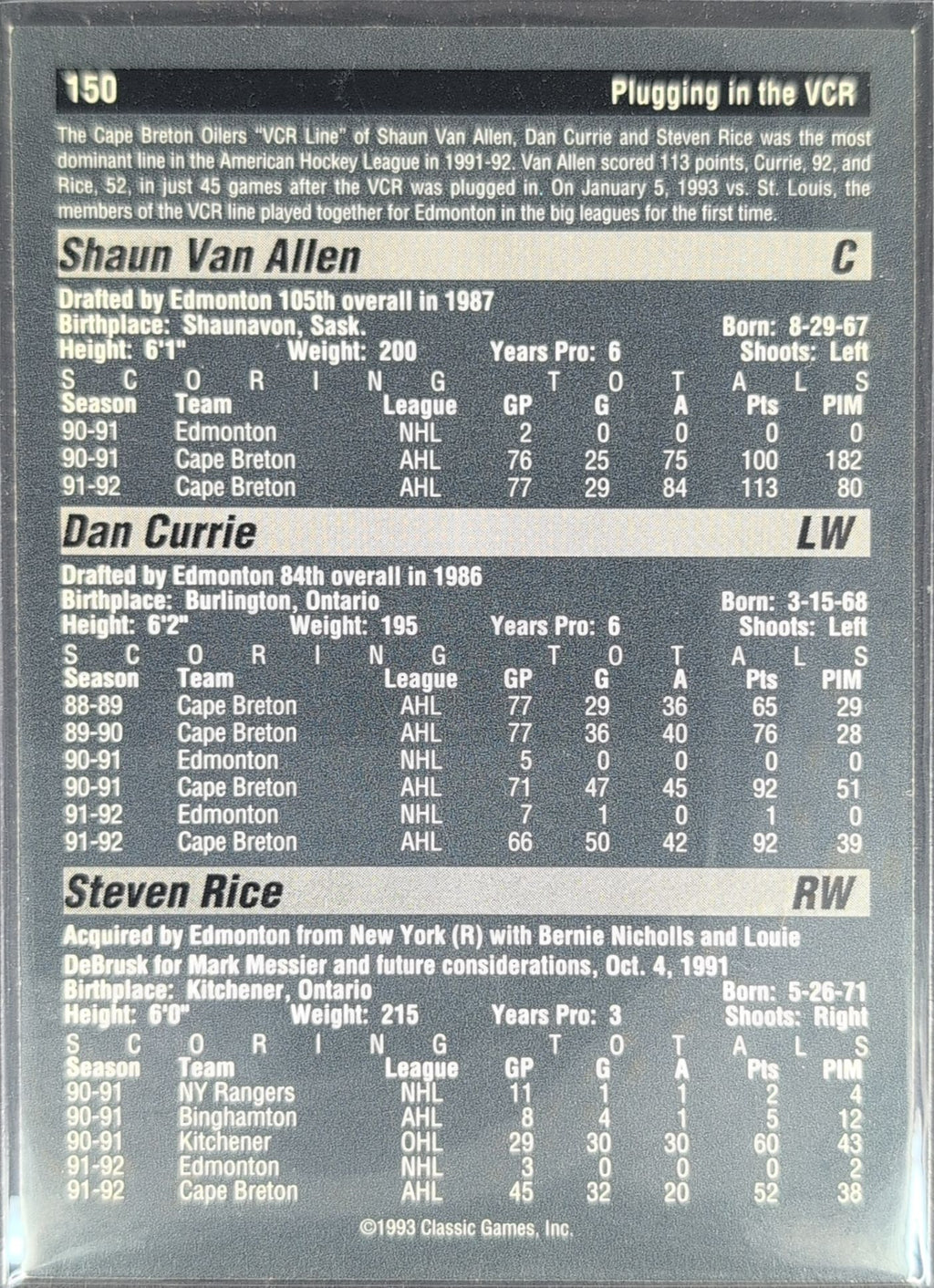 1993 Classic Pro Prospects The "VCR" Line (Shaun Van Allen / Dan Currie / Steven Rice) #150 Cape Breton Oilers back