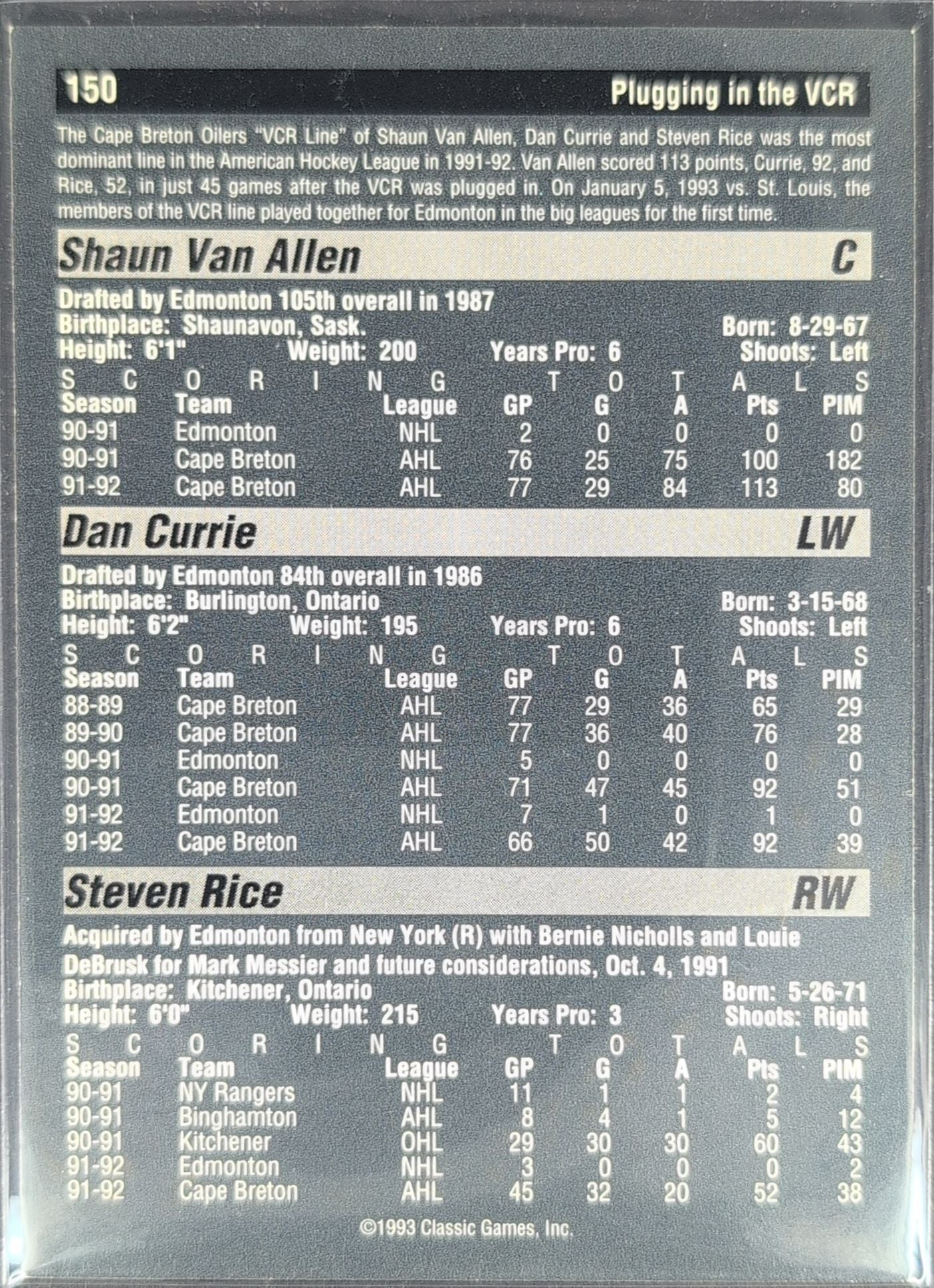 1993 Classic Pro Prospects The "VCR" Line (Shaun Van Allen / Dan Currie / Steven Rice) #150 Cape Breton Oilers back