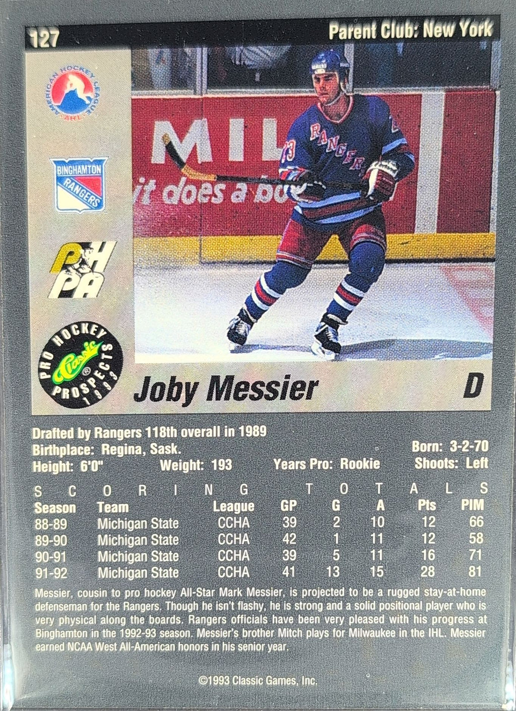 1993 Classic Pro Prospects Joby Messier #127 Binghamton Rangers back