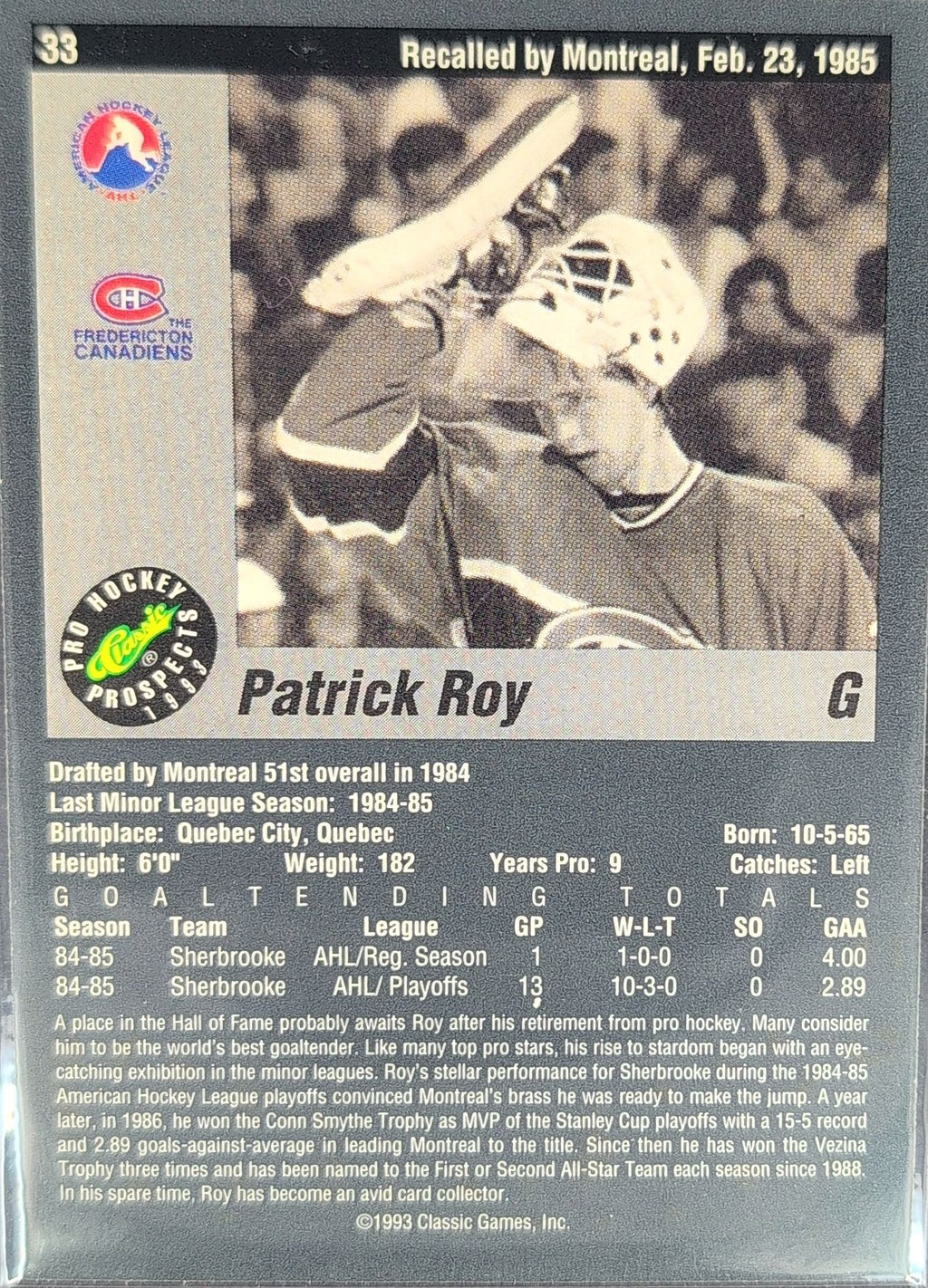 1993 Classic Pro Prospects Patrick Roy #33 Sherbrooke Canadiens back