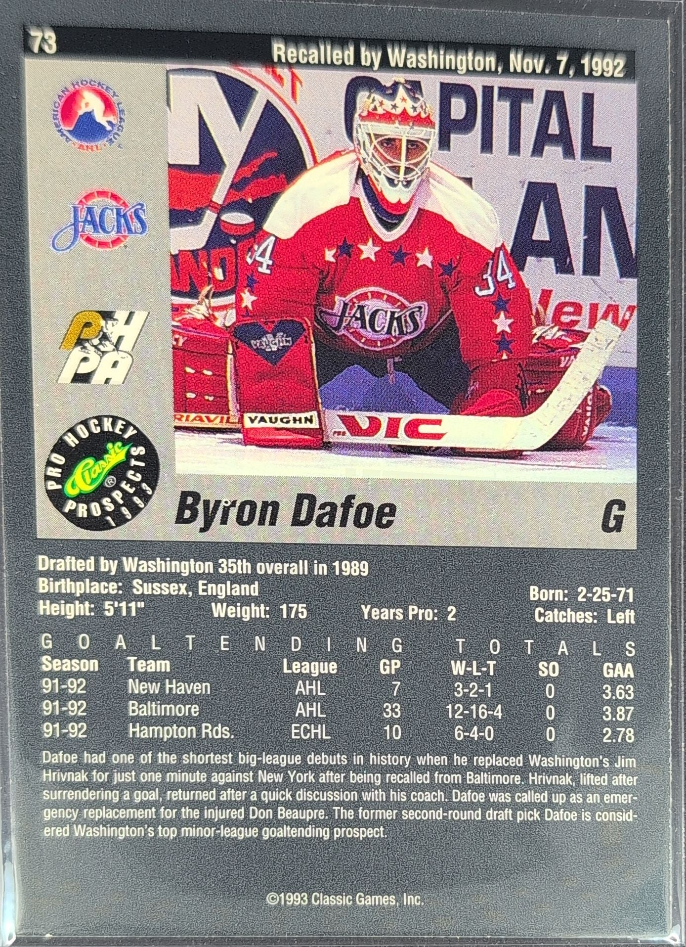 1993 Classic Pro Prospects Byron Dafoe #73 Baltimore Skipjacks back