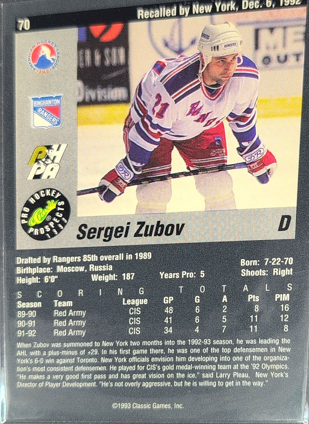 1993 Classic Pro Prospects Sergei Zubov #70 Binghamton Rangers back