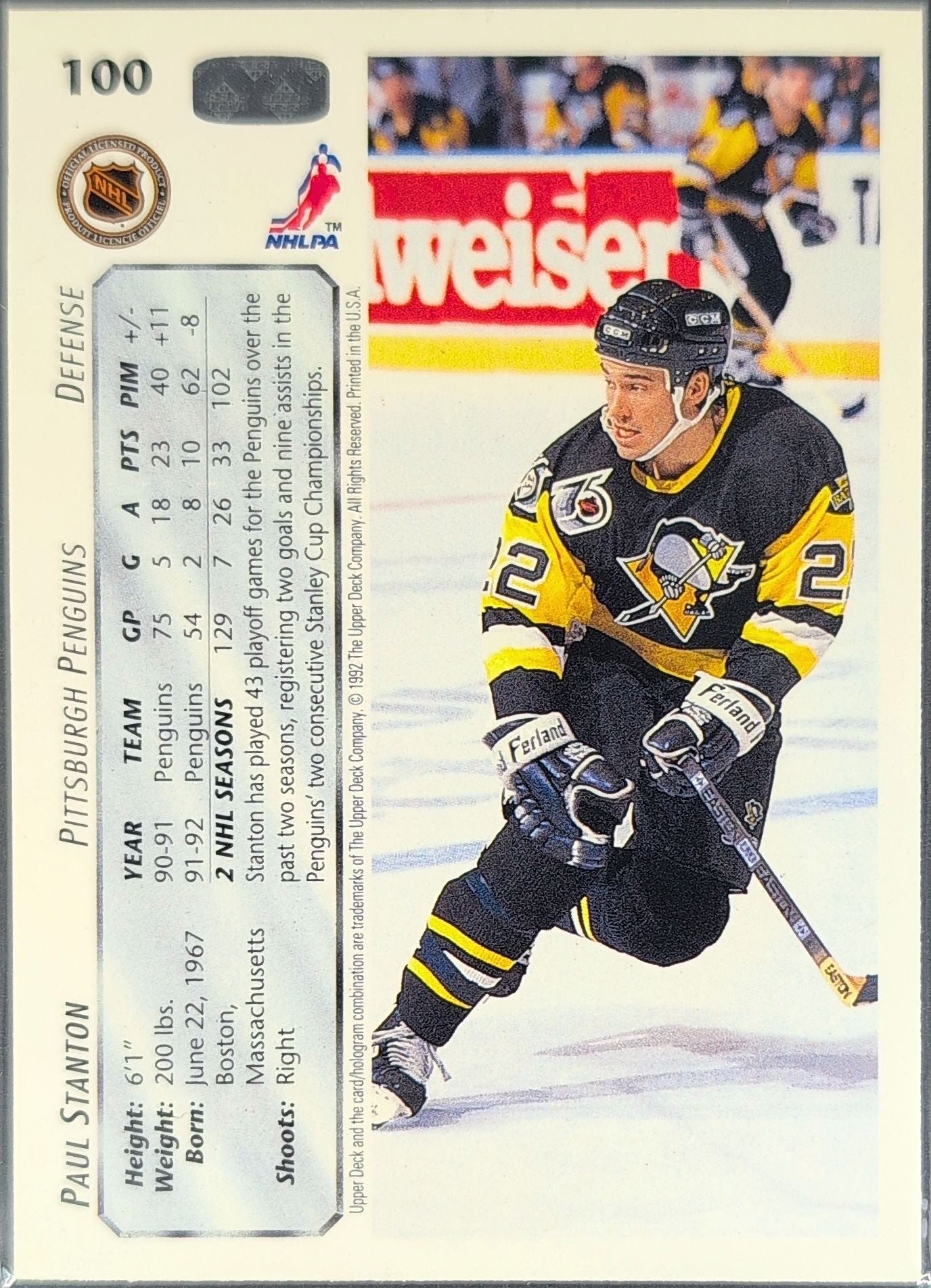 1992-93 Upper Deck Paul Stanton #100 Pittsburgh Penguins back