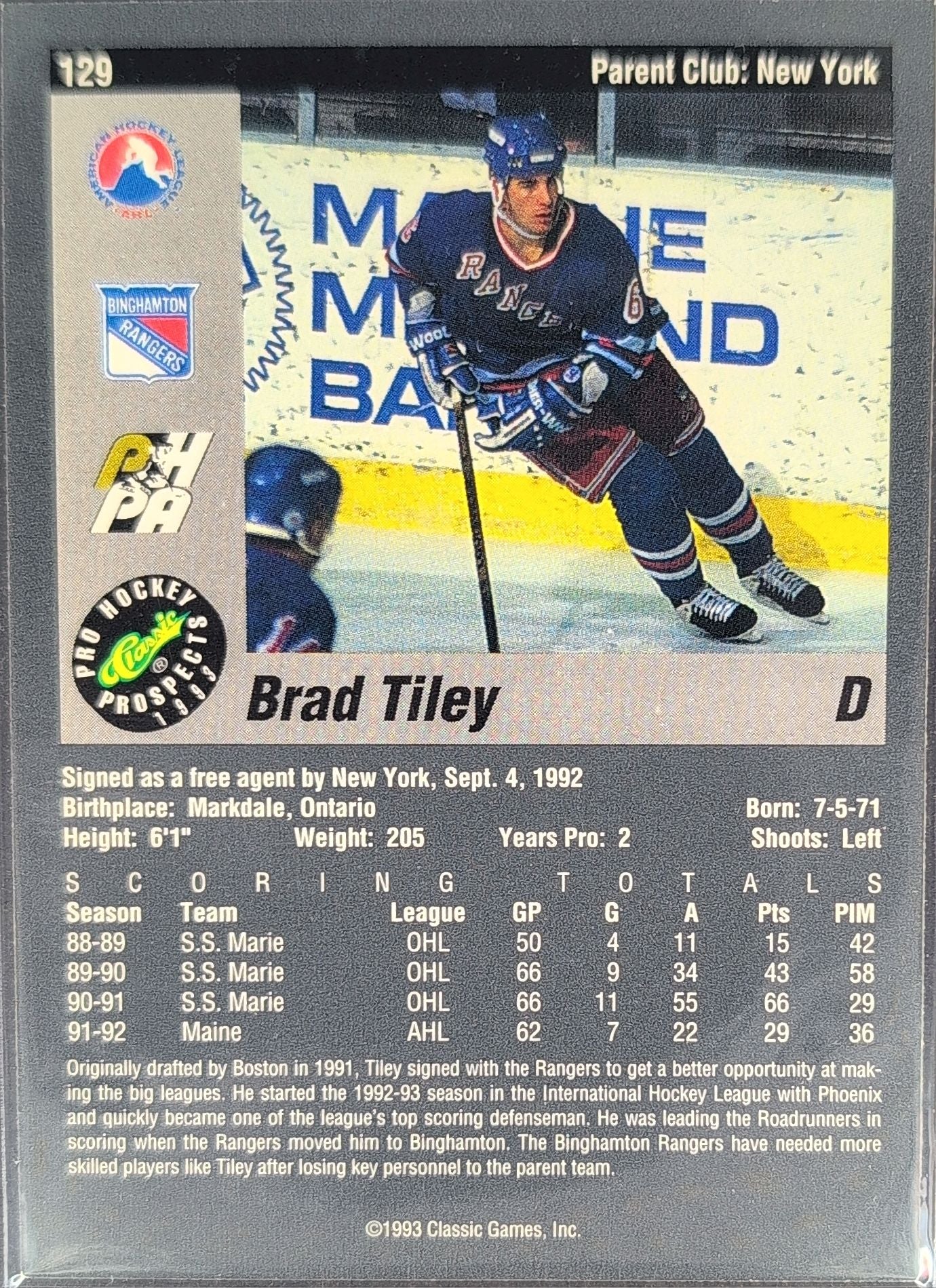1993 Classic Pro Prospects Brad Tiley #129 Binghamton Rangers back
