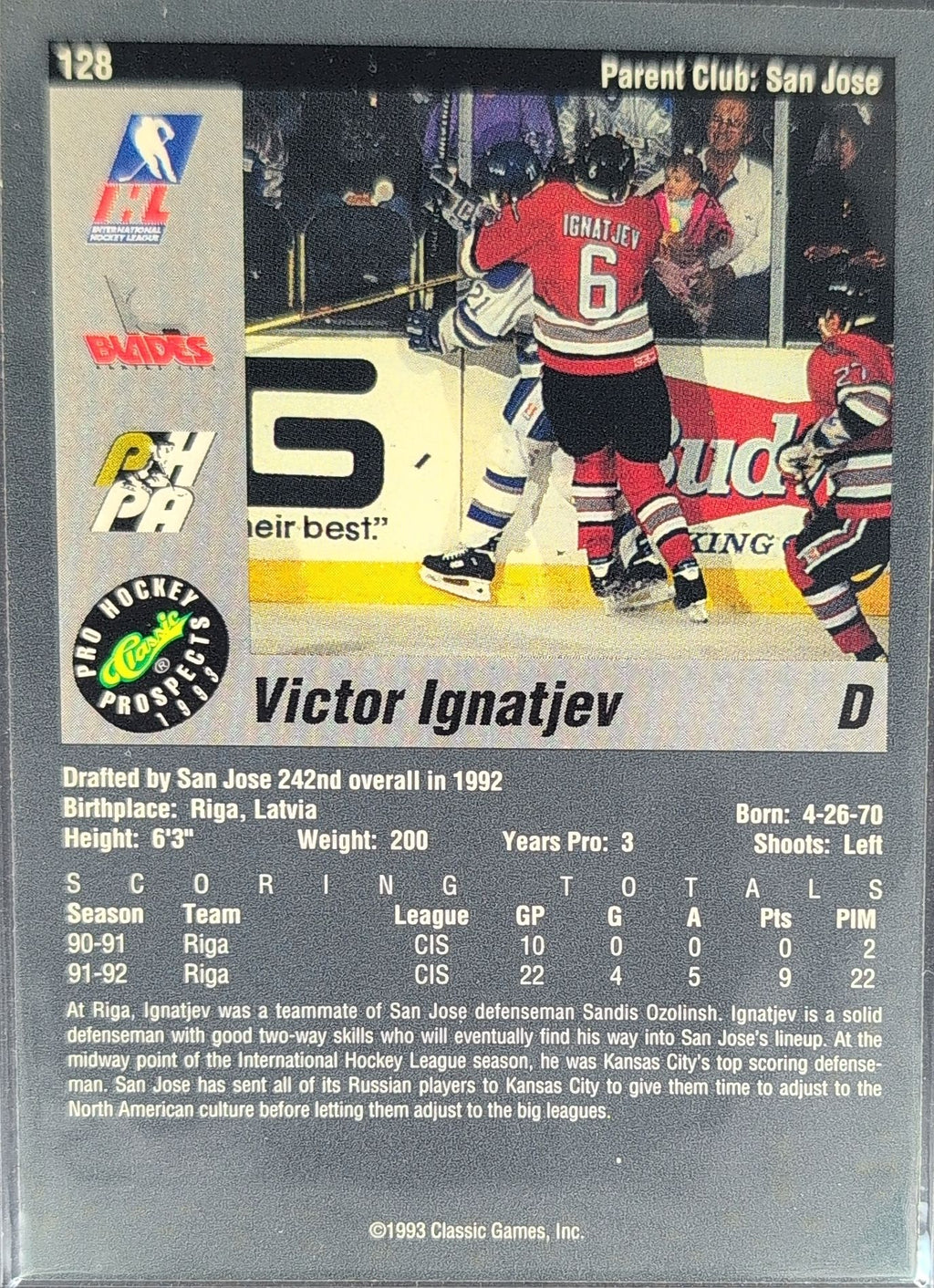 1993 Classic Pro Prospects Victor Ignatjev #128 Kansas City Blades back