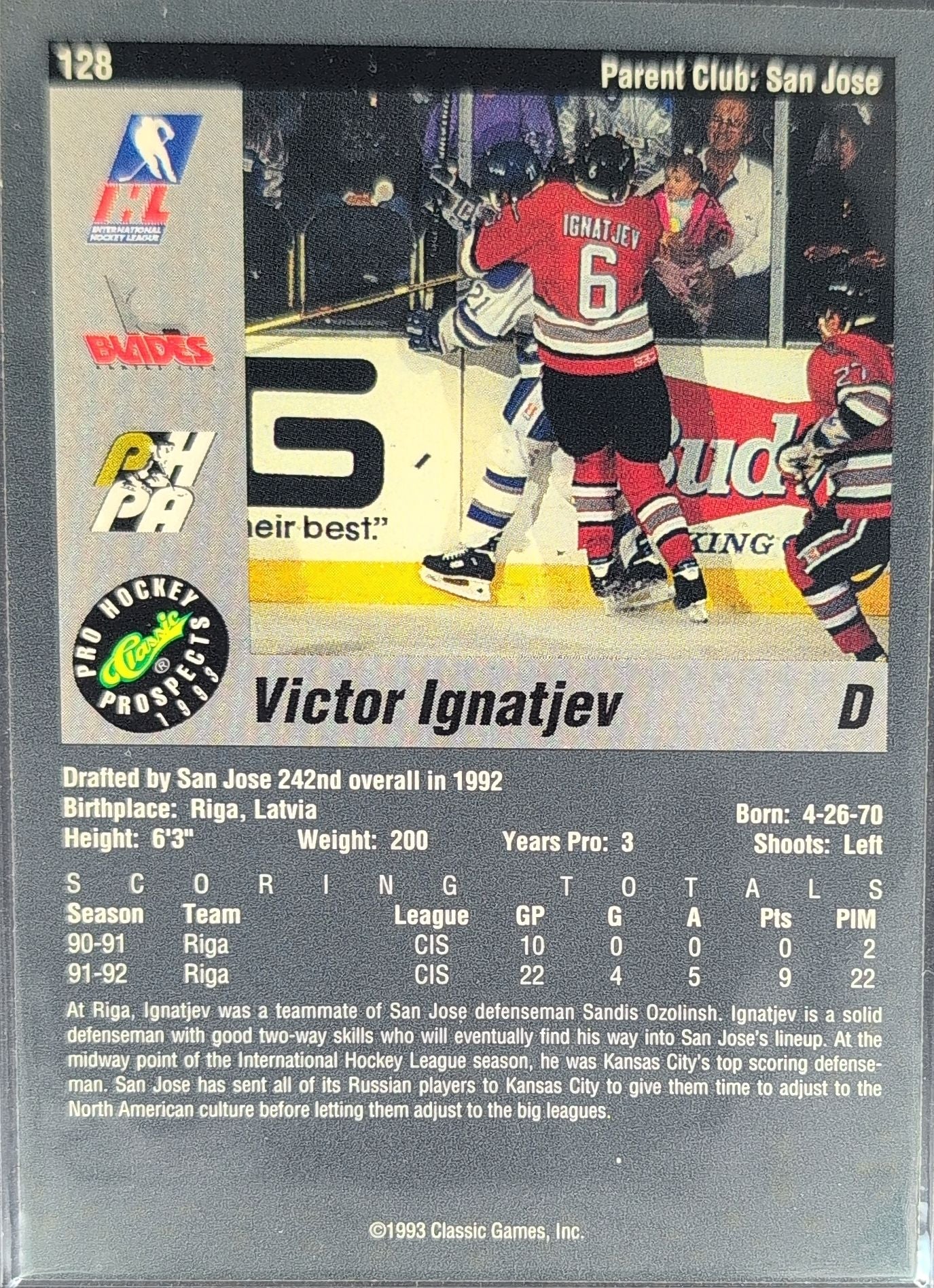 1993 Classic Pro Prospects Victor Ignatjev #128 Kansas City Blades back