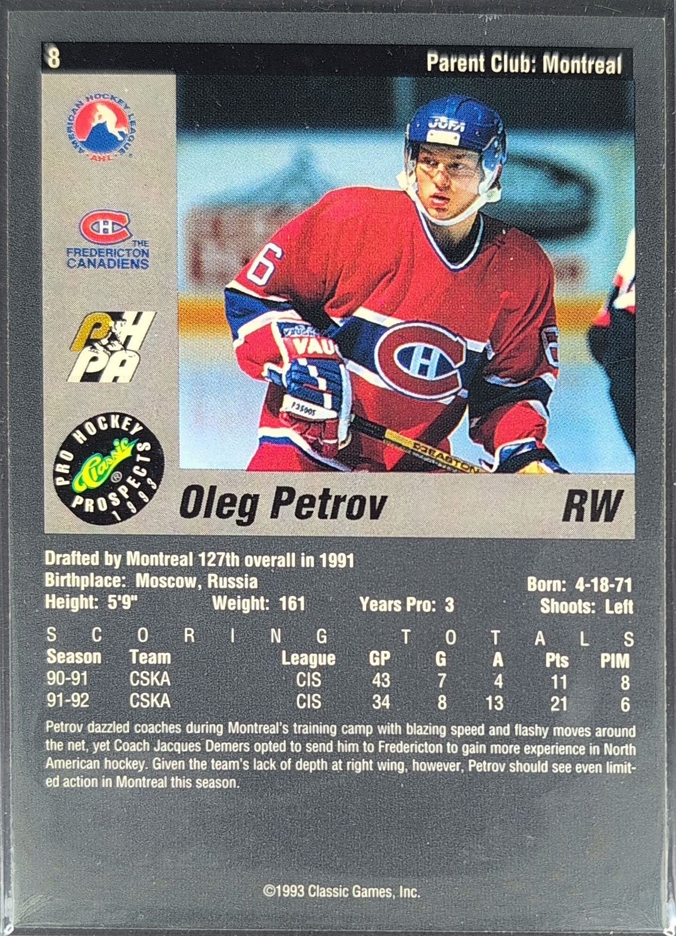 1993 Classic Pro Prospects Oleg Petrov #8 Fredericton Canadiens back