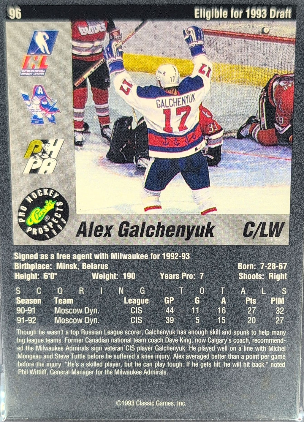 1993 Classic Pro Prospects Alex Galchenyuk #96 Milwaukee Admirals back