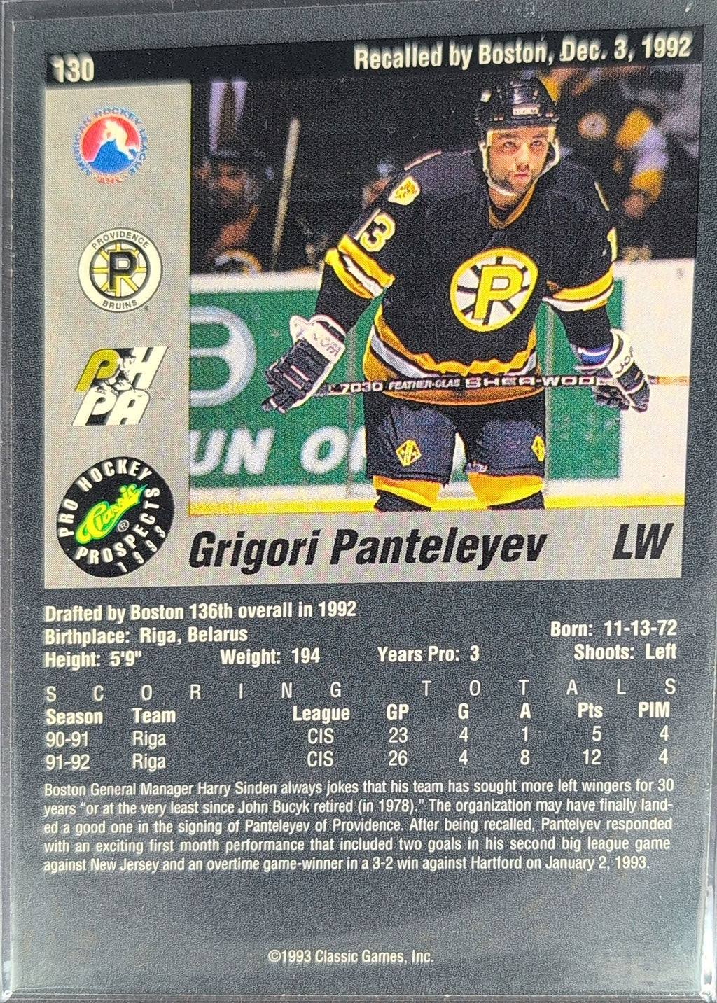 1993 Classic Pro Prospects Grigori Panteleyev #130 Providence Bruins back