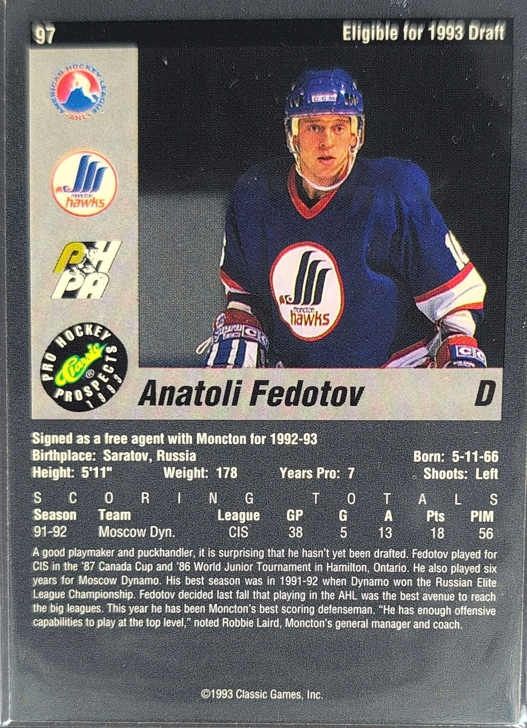 1993 Classic Pro Prospects Anatoli Fedotov #97 Moncton Hawks back