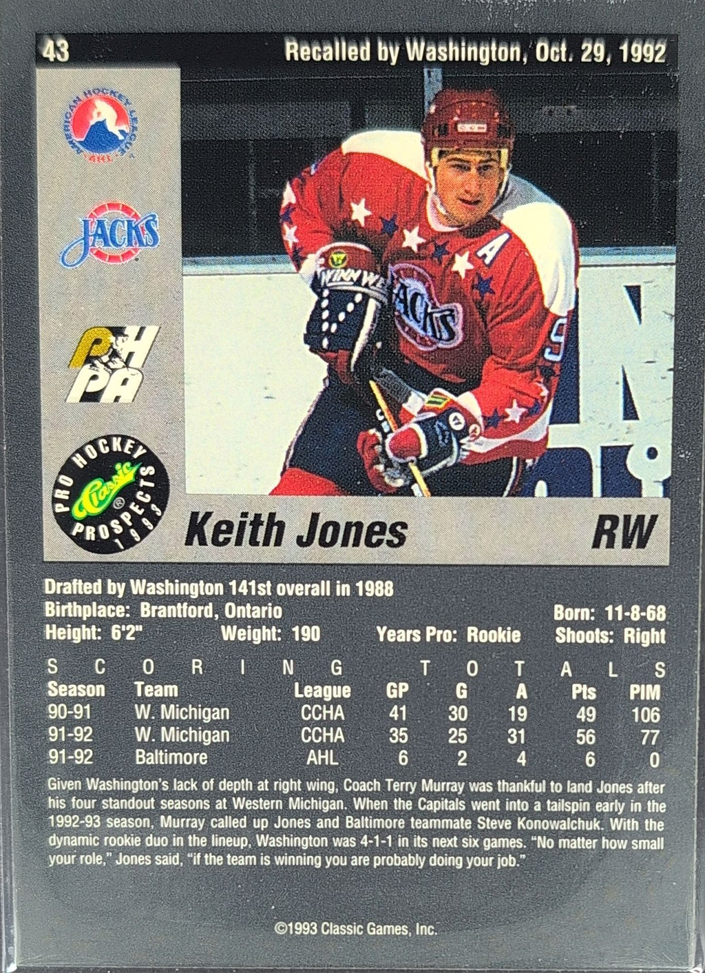 1993 Classic Pro Prospects Keith Jones #43 Baltimore Skipjacks back