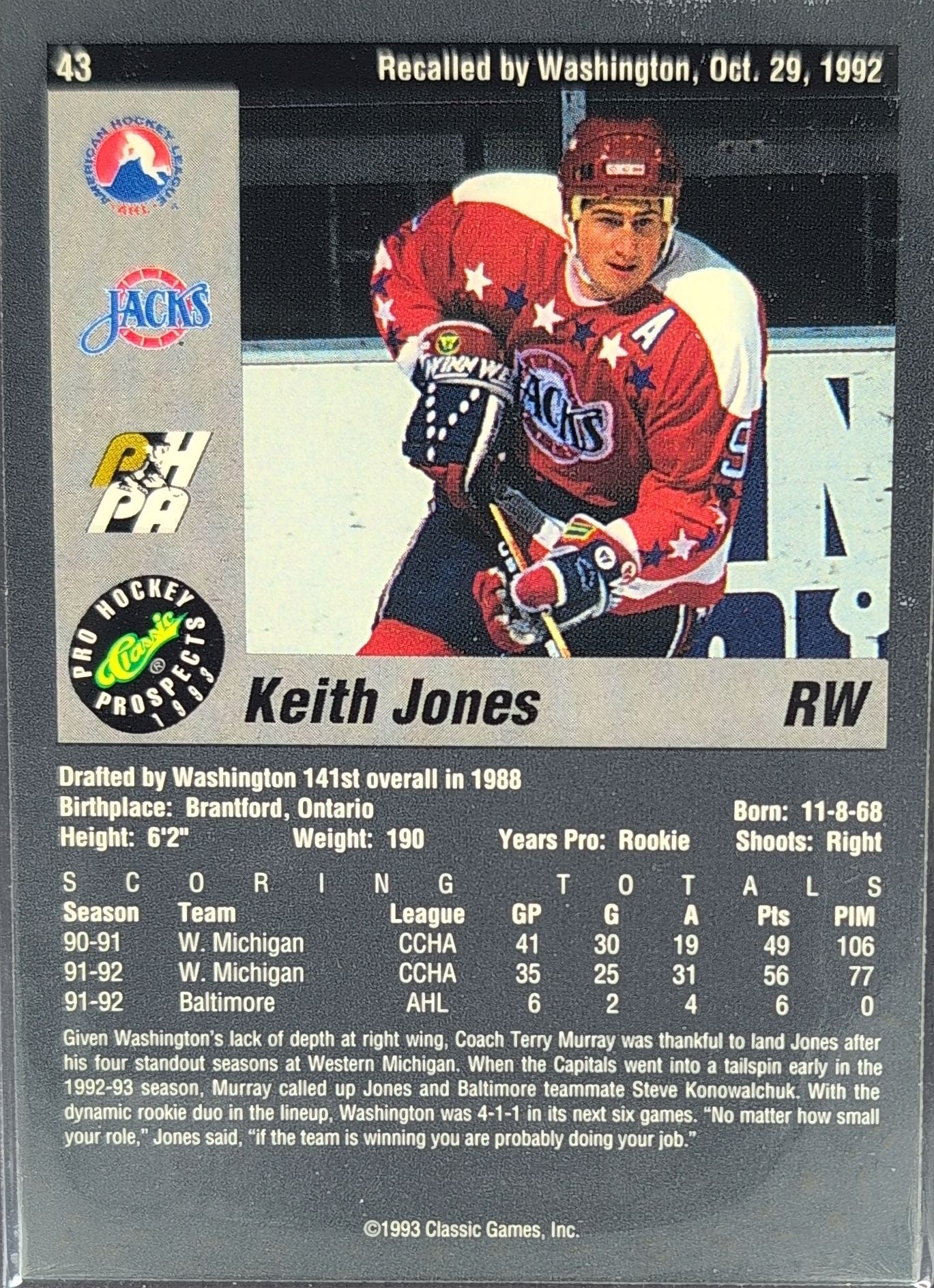 1993 Classic Pro Prospects Keith Jones #43 Baltimore Skipjacks back