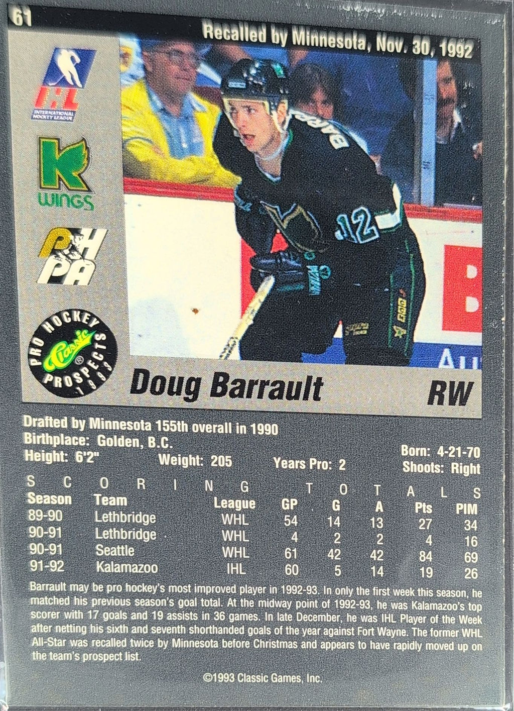 1993 Classic Pro Prospects Doug Barrault #61 Kalamazoo Wings back