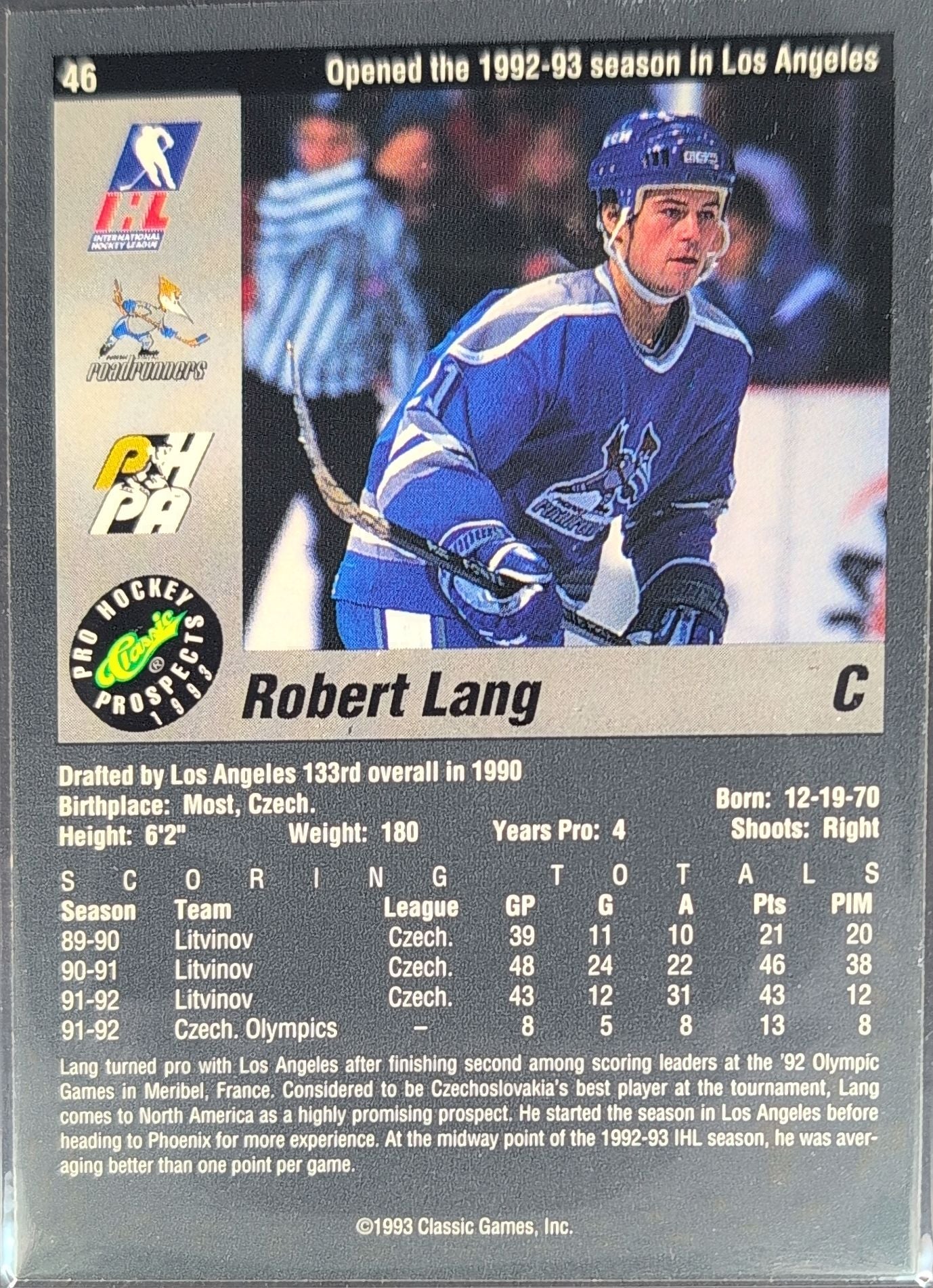 1993 Classic Pro Prospects Robert Lang #46 Phoenix Roadrunners back