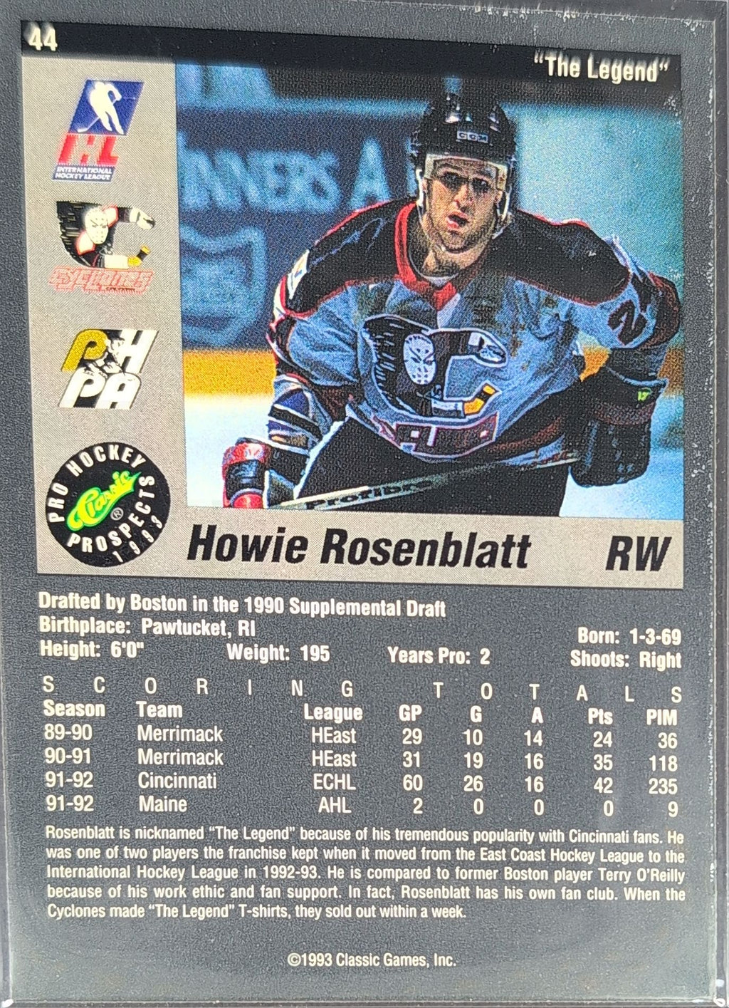 1993 Classic Pro Prospects Howie Rosenblatt #44 Cincinnati Cyclones back