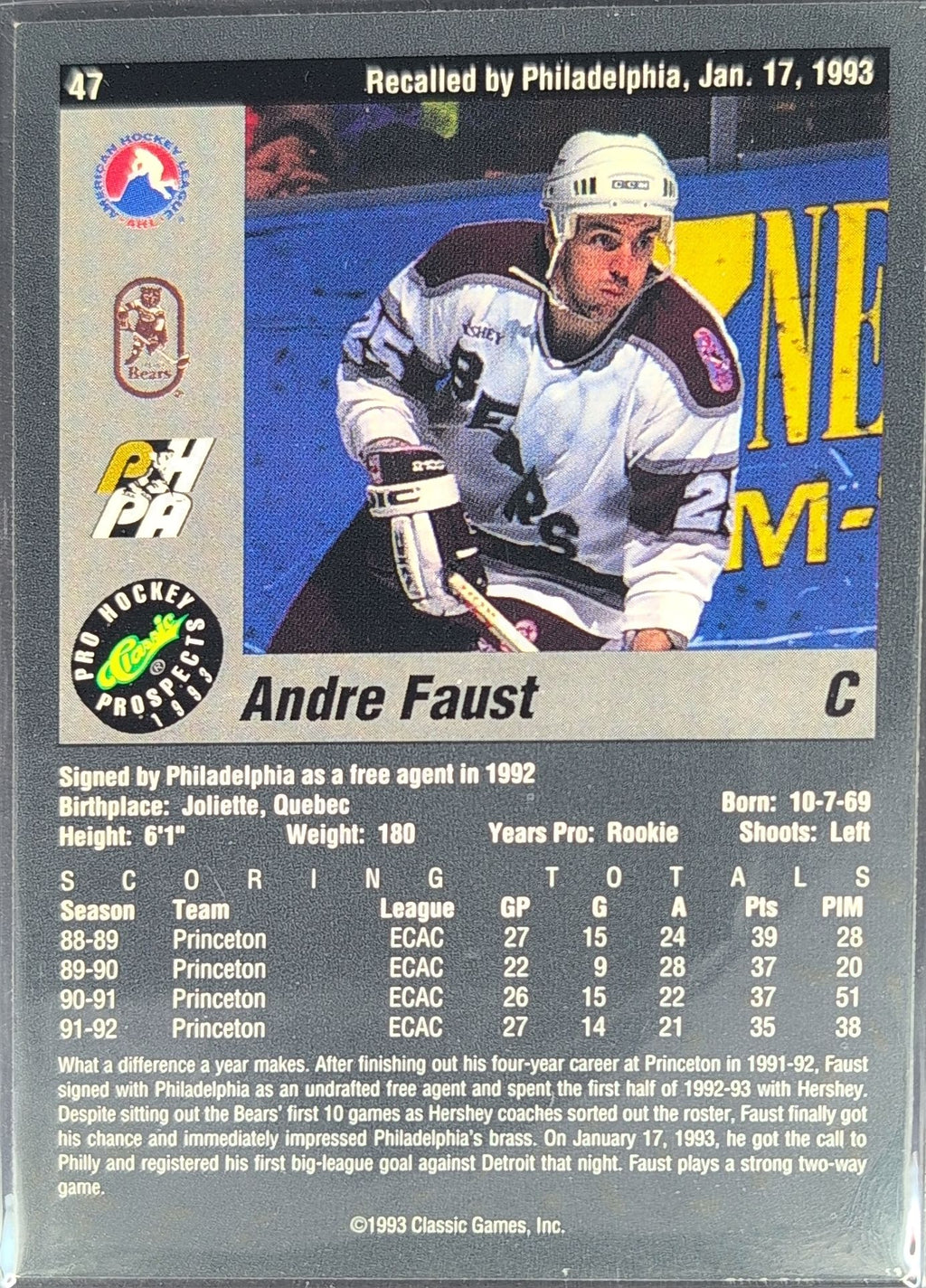 1993 Classic Pro Prospects Andre Faust #47 Hershey Bears back