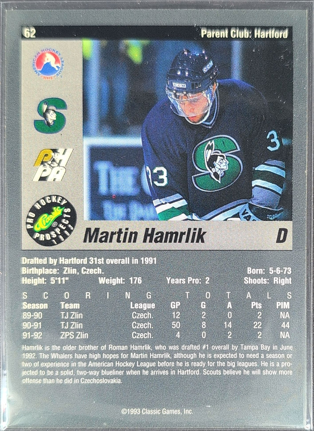 1993 Classic Pro Prospects Martin Hamrlik #62 Springfield Indians back