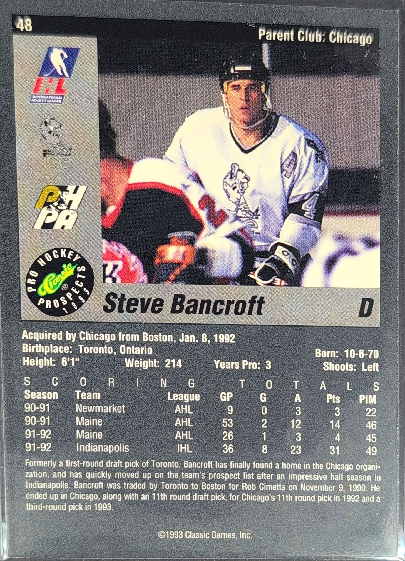 1993 Classic Pro Prospects Steve Bancroft #48 Indianapolis Ice back