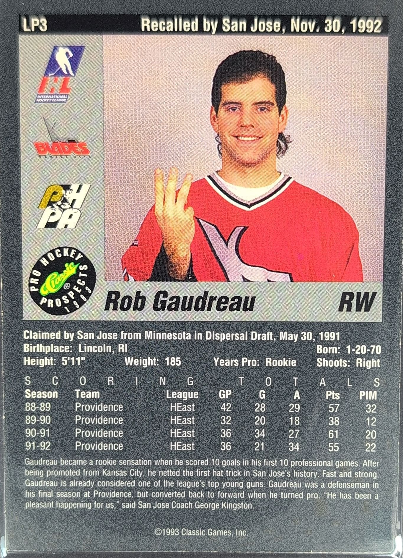 Rob Gaudreau 1993 Classic Pro Prospects #LP3 Limited Prints Kansas City Blades - back image