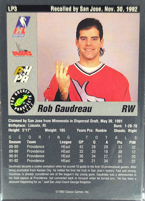 1993 Classic Pro Prospects Rob Gaudreau #LP3 Limited Prints Kansas City Blades back